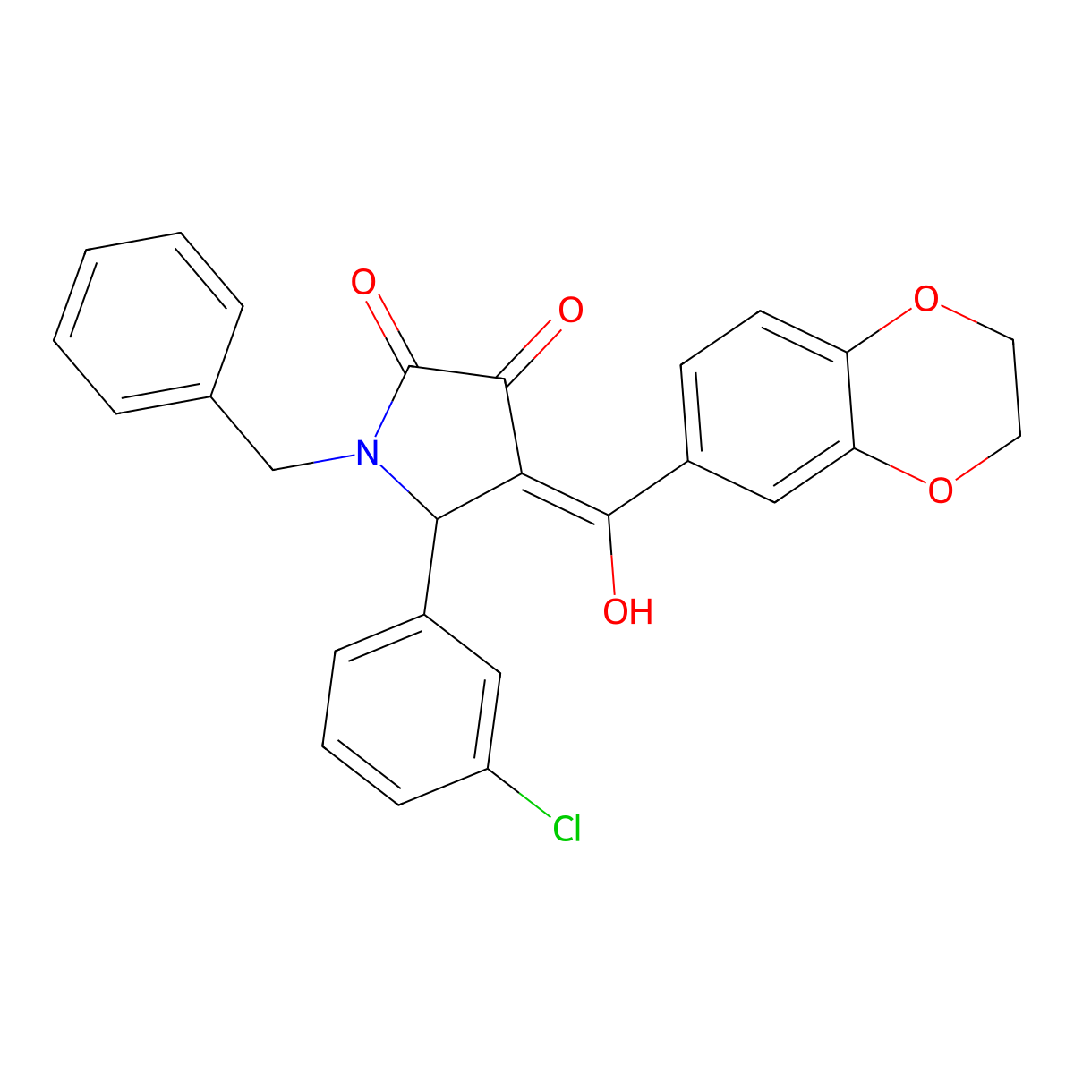 1-benzyl-5-(3-chlorophenyl)-4-(2,3-dihydro-1,4-benzodioxine-6-carbonyl)-3-hydroxy-2,5-dihydro-1H-pyrrol-2-one molecular structure, CAS 618856-45-4