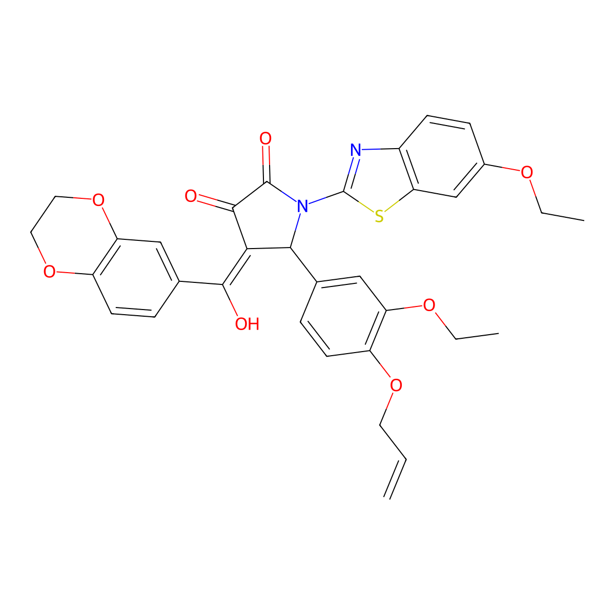 4-(2,3-dihydro-1,4-benzodioxine-6-carbonyl)-1-(6-ethoxy-1,3-benzothiazol-2-yl)-5-[3-ethoxy-4-(prop-2-en-1-yloxy)phenyl]-3-hydroxy-2,5-dihydro-1H-pyrrol-2-one molecular structure, CAS 618857-54-8