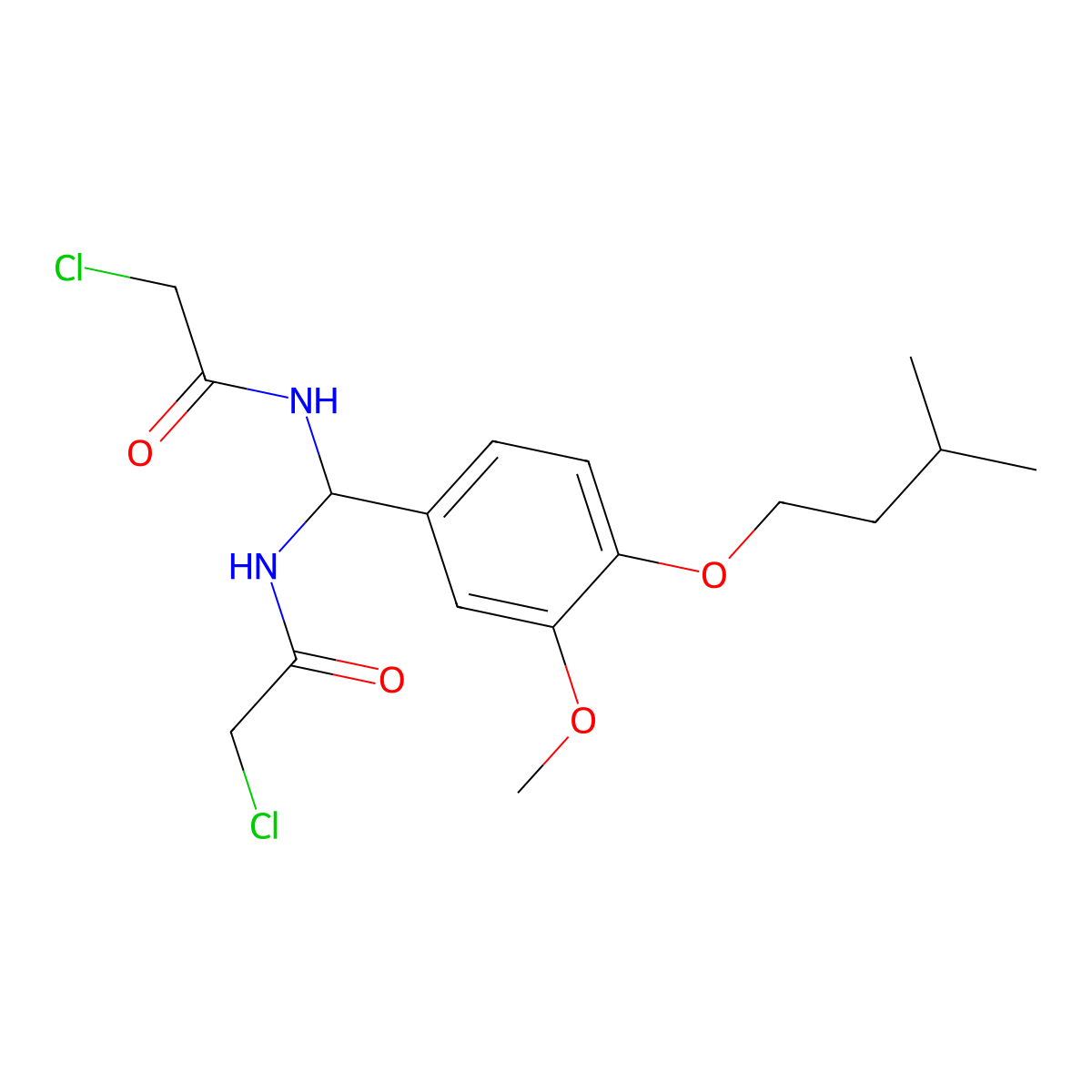 2-chloro-N-[[(2-chloroacetyl)amino]-[3-methoxy-4-(3-methylbutoxy)phenyl]methyl]acetamide molecular structure, CAS 618862-13-8