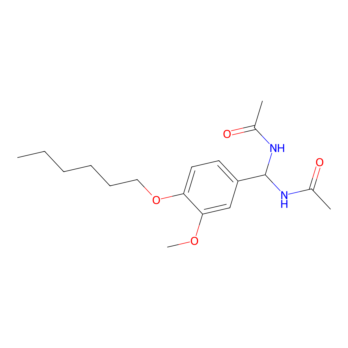 N-[acetamido-(4-hexoxy-3-methoxyphenyl)methyl]acetamide molecular structure, CAS 618862-39-8