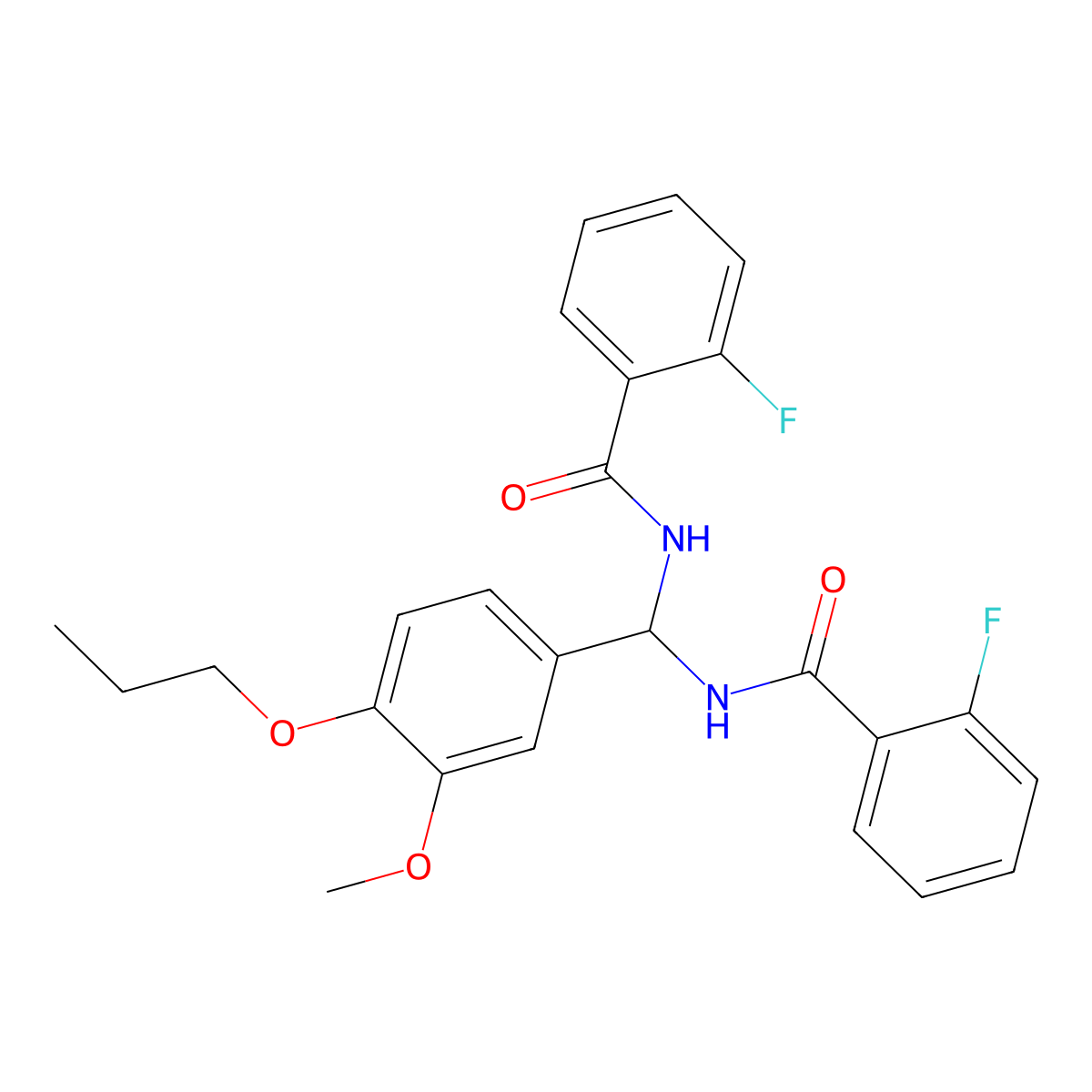 2-fluoro-N-[[(2-fluorobenzoyl)amino]-(3-methoxy-4-propoxyphenyl)methyl]benzamide molecular structure, CAS 618862-51-4