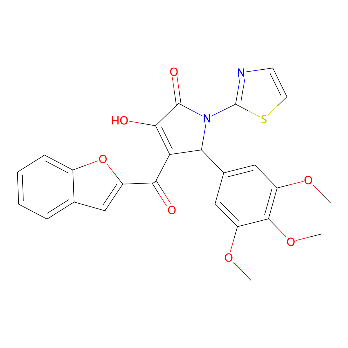 (4E)-4-[1-benzofuran-2-yl(hydroxy)methylidene]-1-(1,3-thiazol-2-yl)-5-(3,4,5-trimethoxyphenyl)pyrrolidine-2,3-dione molecular structure, CAS 618863-81-3
