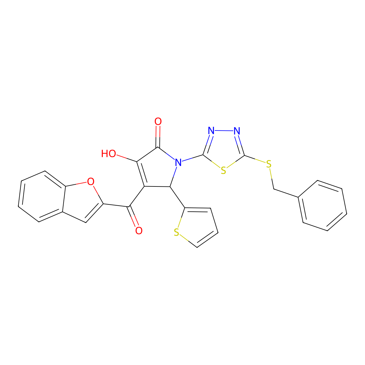4-(Benzofuran-2-carbonyl)-1-(5-(benzylthio)-1,3,4-thiadiazol-2-yl)-3-hydroxy-5-(thiophen-2-yl)-1H-pyrrol-2(5H)-one molecular structure, CAS 618864-56-5