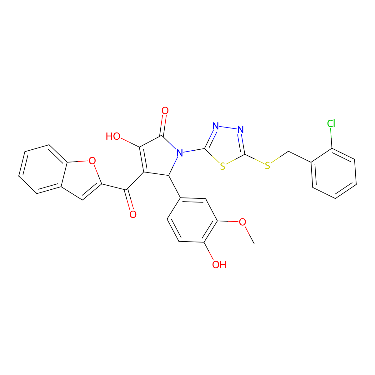 3-(1-benzofuran-2-carbonyl)-1-[5-[(2-chlorophenyl)methylsulfanyl]-1,3,4-thiadiazol-2-yl]-4-hydroxy-2-(4-hydroxy-3-methoxyphenyl)-2H-pyrrol-5-one molecular structure, CAS 618865-52-4