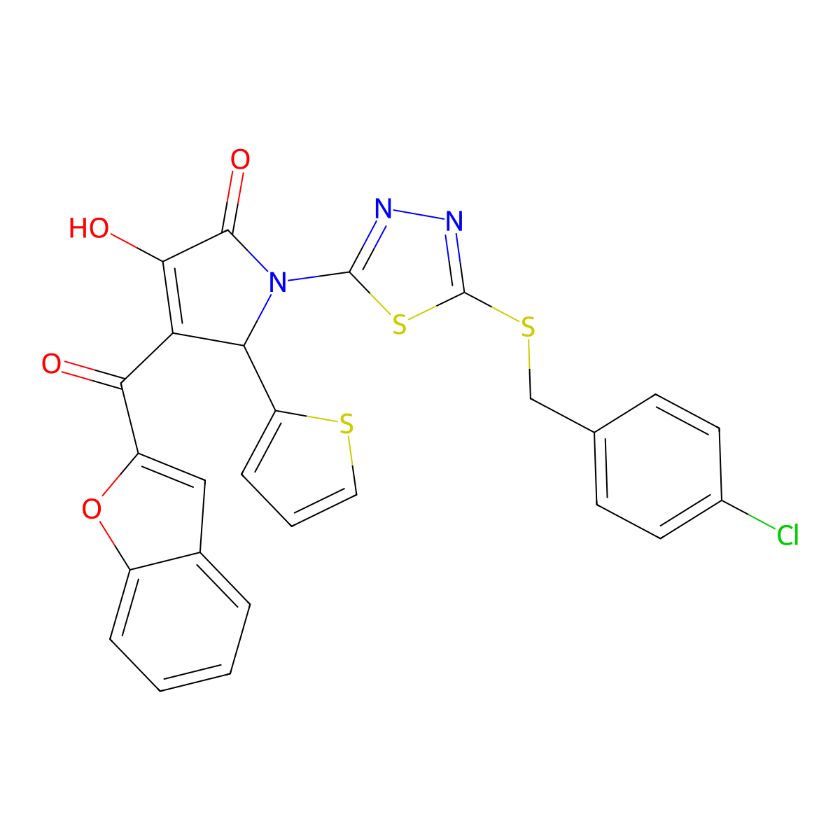 3-(1-benzofuran-2-carbonyl)-1-[5-[(4-chlorophenyl)methylsulfanyl]-1,3,4-thiadiazol-2-yl]-4-hydroxy-2-thiophen-2-yl-2H-pyrrol-5-one molecular structure, CAS 618865-88-6