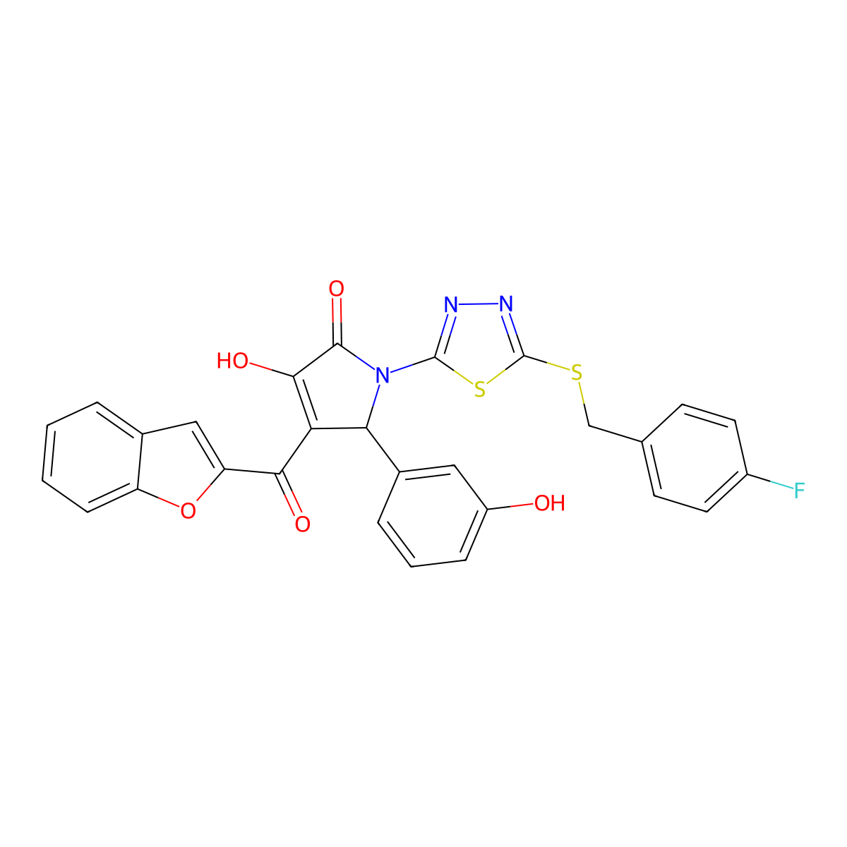 4-(1-benzofuran-2-ylcarbonyl)-1-{5-[(4-fluorobenzyl)sulfanyl]-1,3,4-thiadiazol-2-yl}-3-hydroxy-5-(3-hydroxyphenyl)-1,5-dihydro-2H-pyrrol-2-one molecular structure, CAS 618867-85-9