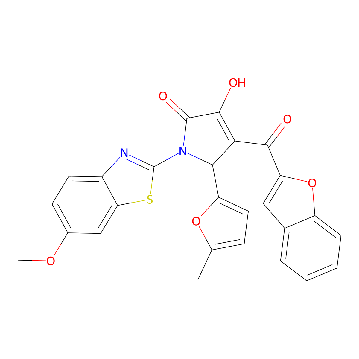 4-(1-benzofuran-2-carbonyl)-3-hydroxy-1-(6-methoxy-1,3-benzothiazol-2-yl)-5-(5-methylfuran-2-yl)-2,5-dihydro-1H-pyrrol-2-one molecular structure, CAS 618868-93-2
