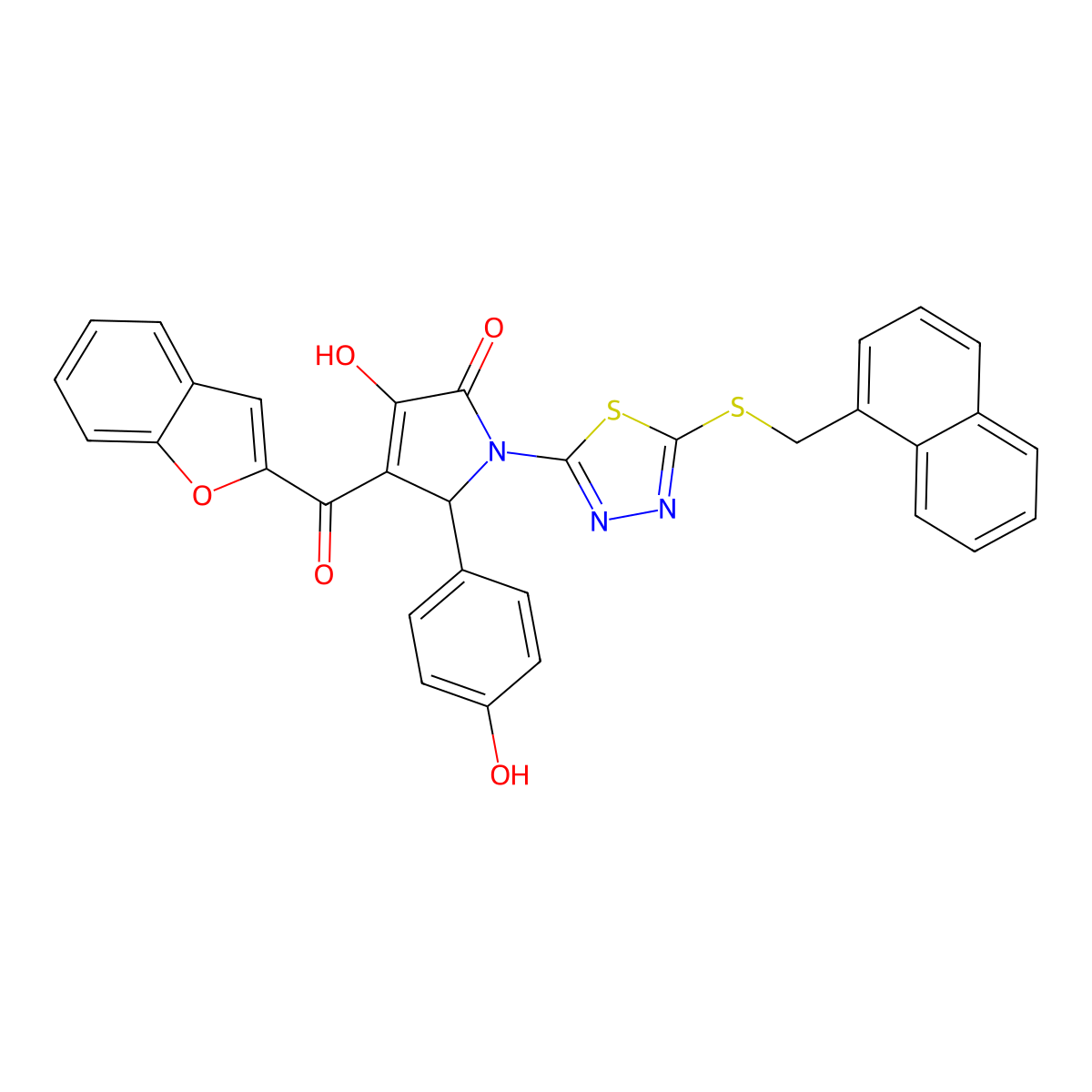4-(1-benzofuran-2-ylcarbonyl)-3-hydroxy-5-(4-hydroxyphenyl)-1-{5-[(1-naphthylmethyl)sulfanyl]-1,3,4-thiadiazol-2-yl}-1,5-dihydro-2H-pyrrol-2-one molecular structure, CAS 618868-96-5