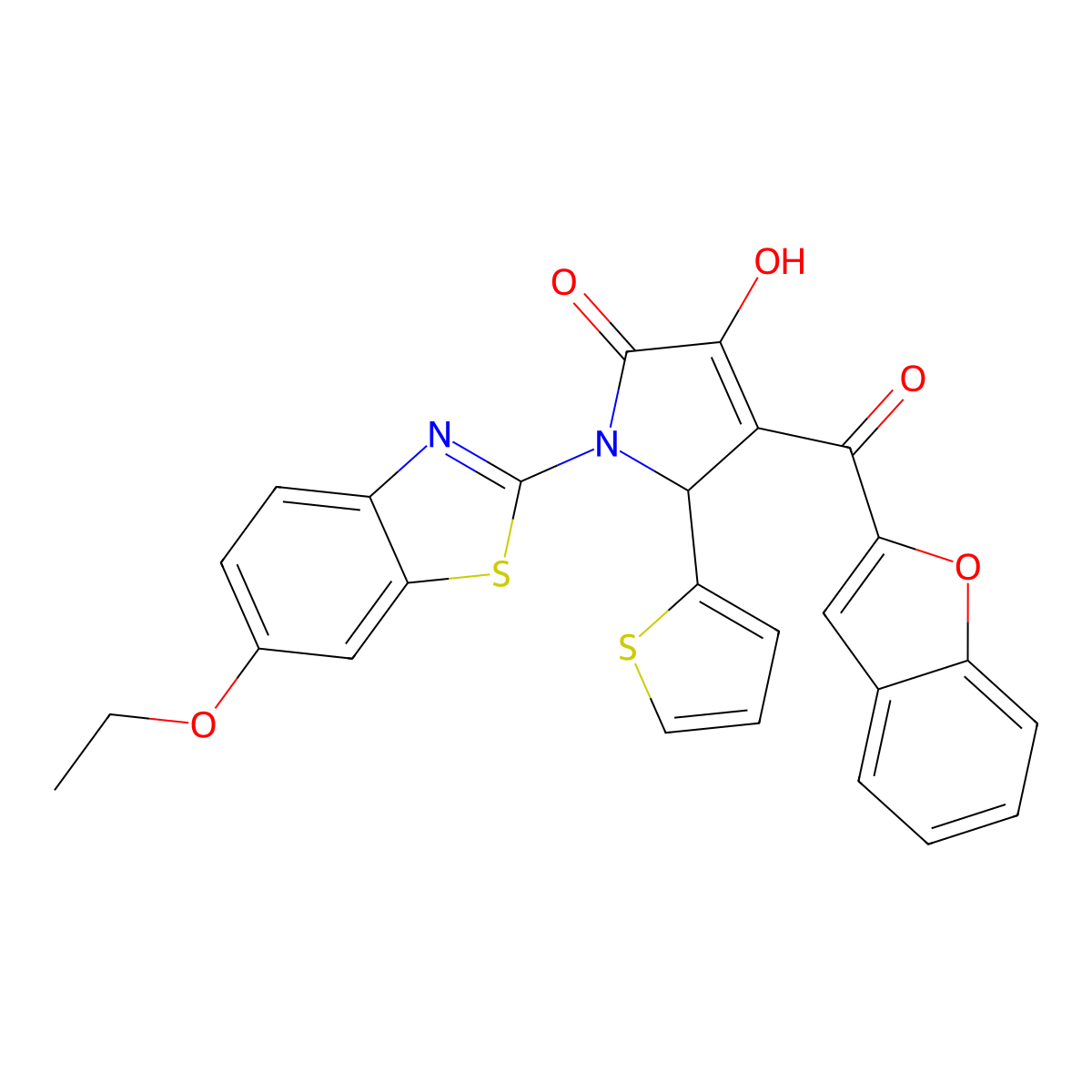 4-(1-benzofuran-2-ylcarbonyl)-1-(6-ethoxy-1,3-benzothiazol-2-yl)-3-hydroxy-5-(2-thienyl)-1,5-dihydro-2H-pyrrol-2-one molecular structure, CAS 618869-13-9