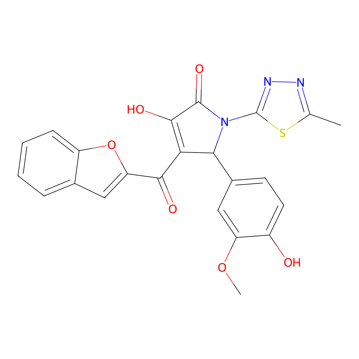 4-(1-benzofuran-2-ylcarbonyl)-3-hydroxy-5-(4-hydroxy-3-methoxyphenyl)-1-(5-methyl-1,3,4-thiadiazol-2-yl)-1,5-dihydro-2H-pyrrol-2-one molecular structure, CAS 618869-96-8