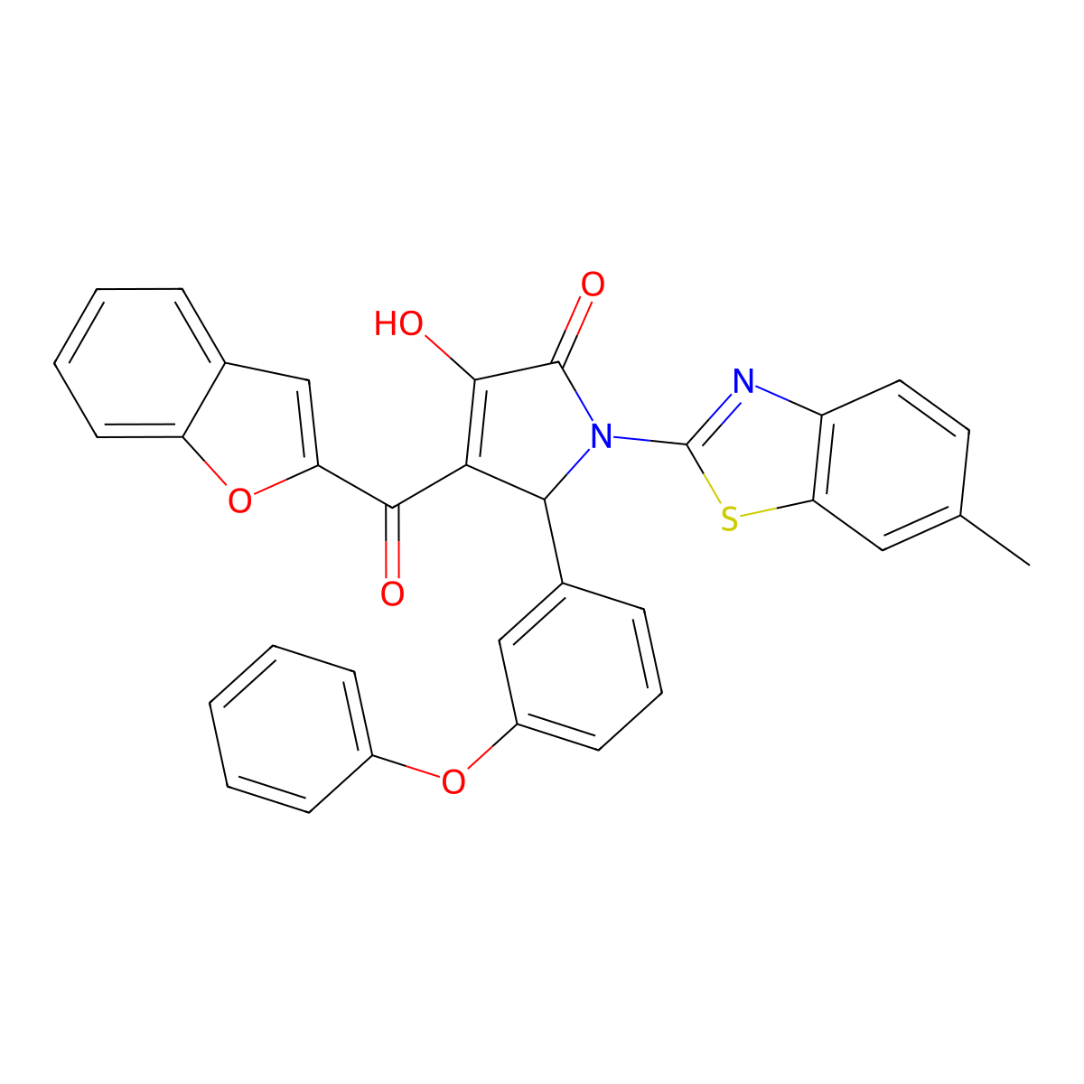4-(1-benzofuran-2-ylcarbonyl)-3-hydroxy-1-(6-methyl-1,3-benzothiazol-2-yl)-5-(3-phenoxyphenyl)-1,5-dihydro-2H-pyrrol-2-one molecular structure, CAS 618871-98-0