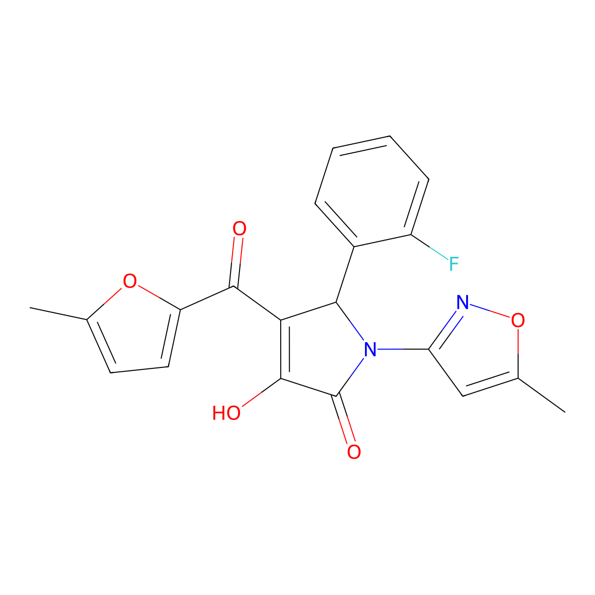 (4E)-5-(2-fluorophenyl)-4-[hydroxy(5-methylfuran-2-yl)methylidene]-1-(5-methyl-1,2-oxazol-3-yl)pyrrolidine-2,3-dione molecular structure, CAS 618872-39-2