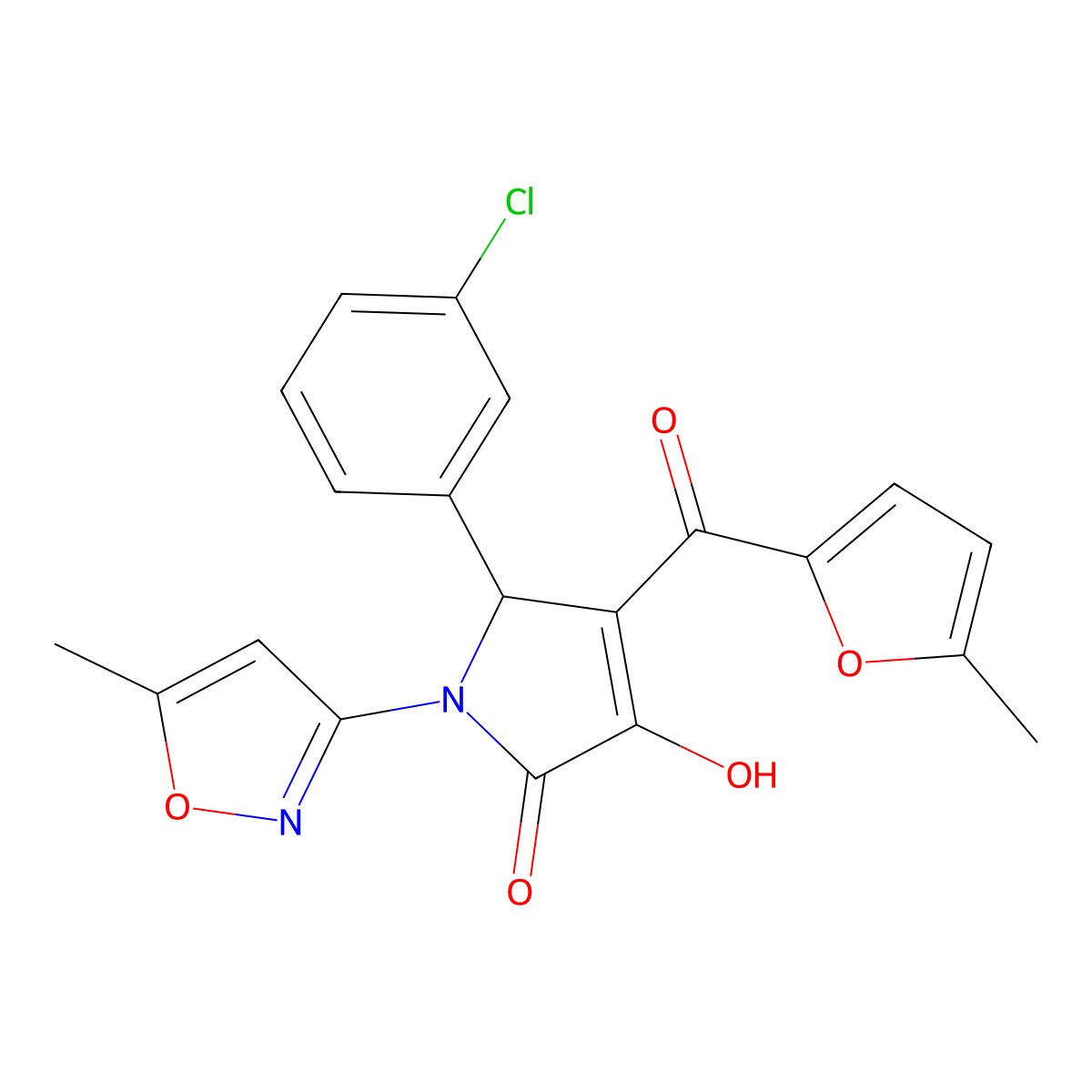 (4E)-5-(3-chlorophenyl)-4-[hydroxy(5-methylfuran-2-yl)methylidene]-1-(5-methyl-1,2-oxazol-3-yl)pyrrolidine-2,3-dione molecular structure, CAS 618872-43-8
