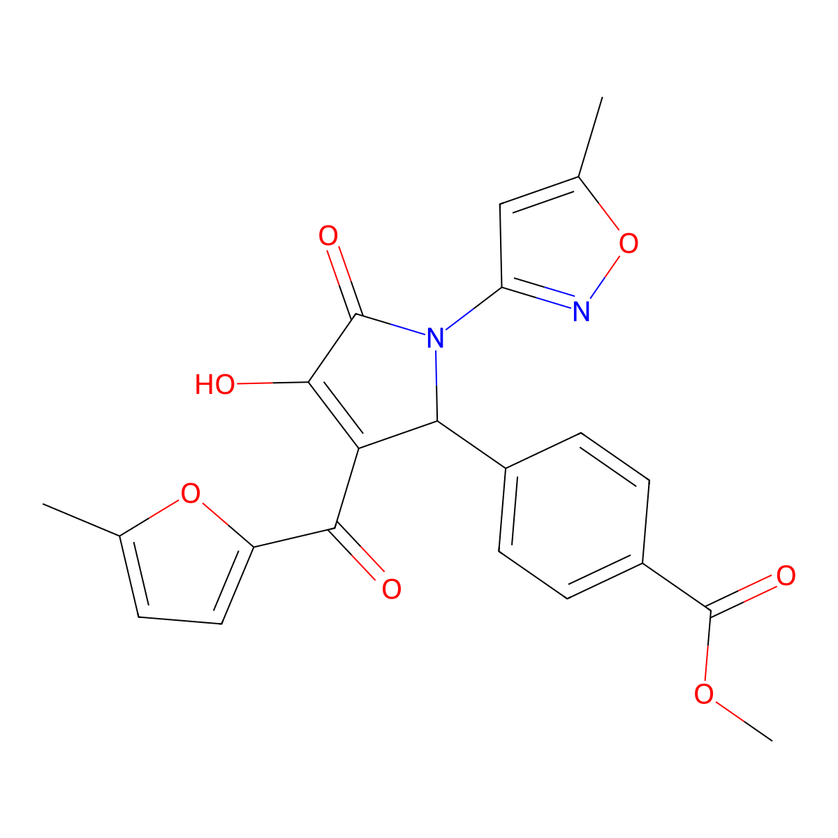 methyl 4-(4-hydroxy-3-(5-methylfuran-2-carbonyl)-1-(5-methylisoxazol-3-yl)-5-oxo-2,5-dihydro-1H-pyrrol-2-yl)benzoate molecular structure, CAS 618872-58-5