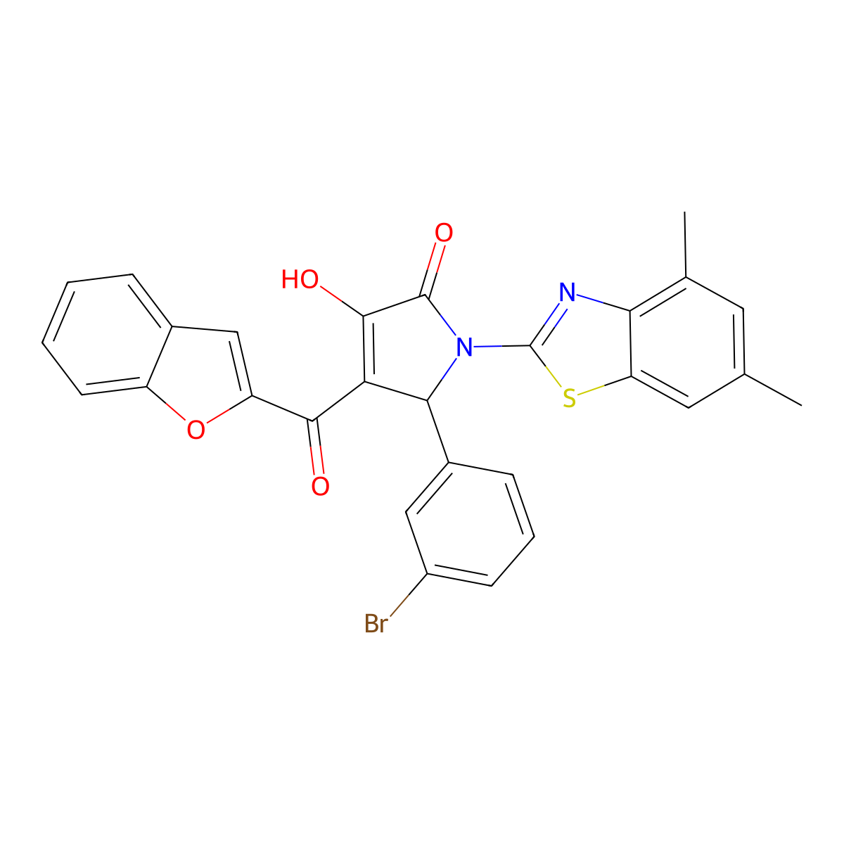 4-(1-benzofuran-2-ylcarbonyl)-5-(3-bromophenyl)-1-(4,6-dimethyl-1,3-benzothiazol-2-yl)-3-hydroxy-1,5-dihydro-2H-pyrrol-2-one molecular structure, CAS 618872-59-6