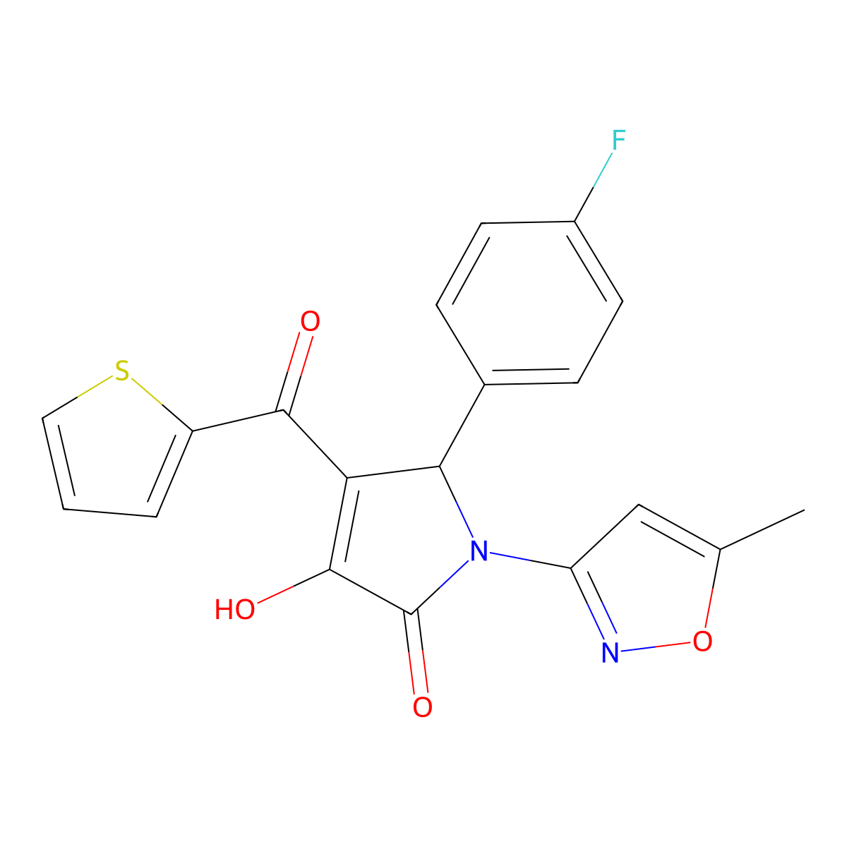 (4E)-5-(4-fluorophenyl)-4-[hydroxy(thiophen-2-yl)methylidene]-1-(5-methyl-1,2-oxazol-3-yl)pyrrolidine-2,3-dione molecular structure, CAS 618872-93-8