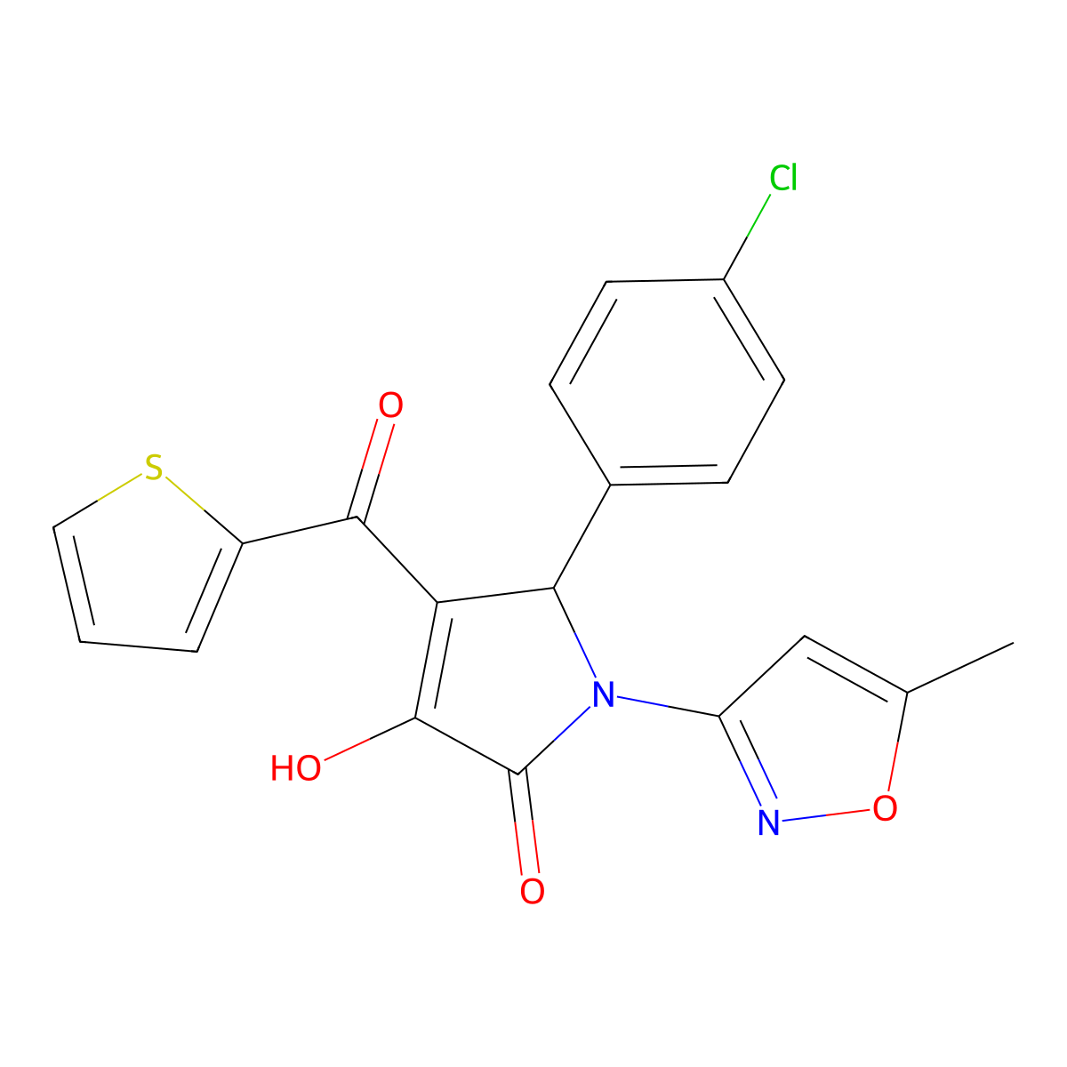 (4E)-5-(4-chlorophenyl)-4-[hydroxy(thiophen-2-yl)methylidene]-1-(5-methyl-1,2-oxazol-3-yl)pyrrolidine-2,3-dione molecular structure, CAS 618872-97-2