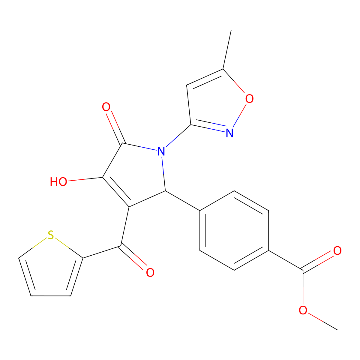 methyl 4-(4-hydroxy-1-(5-methylisoxazol-3-yl)-5-oxo-3-(thiophene-2-carbonyl)-2,5-dihydro-1H-pyrrol-2-yl)benzoate molecular structure, CAS 618873-09-9