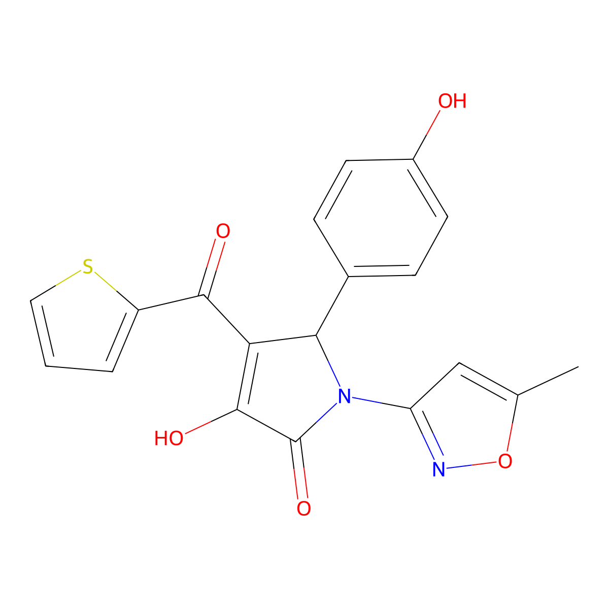 3-hydroxy-5-(4-hydroxyphenyl)-1-(5-methylisoxazol-3-yl)-4-(thiophene-2-carbonyl)-1H-pyrrol-2(5H)-one molecular structure, CAS 618873-13-5