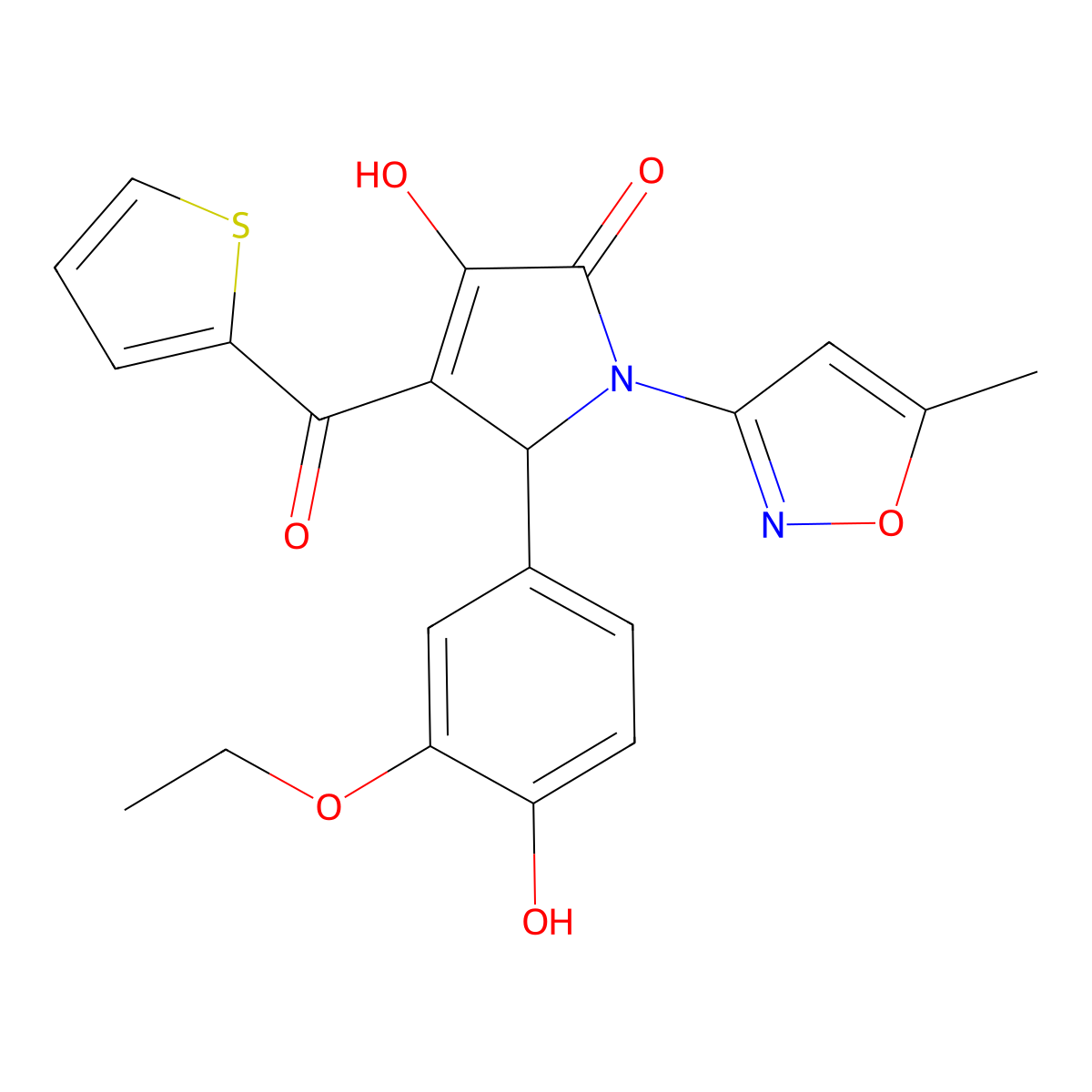 (4E)-5-(3-ethoxy-4-hydroxyphenyl)-4-[hydroxy(thiophen-2-yl)methylidene]-1-(5-methyl-1,2-oxazol-3-yl)pyrrolidine-2,3-dione molecular structure, CAS 618873-17-9