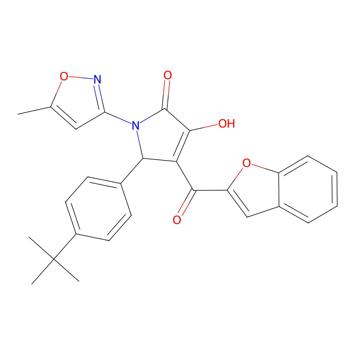 (4E)-4-[1-benzofuran-2-yl(hydroxy)methylidene]-5-(4-tert-butylphenyl)-1-(5-methyl-1,2-oxazol-3-yl)pyrrolidine-2,3-dione molecular structure, CAS 618877-22-8