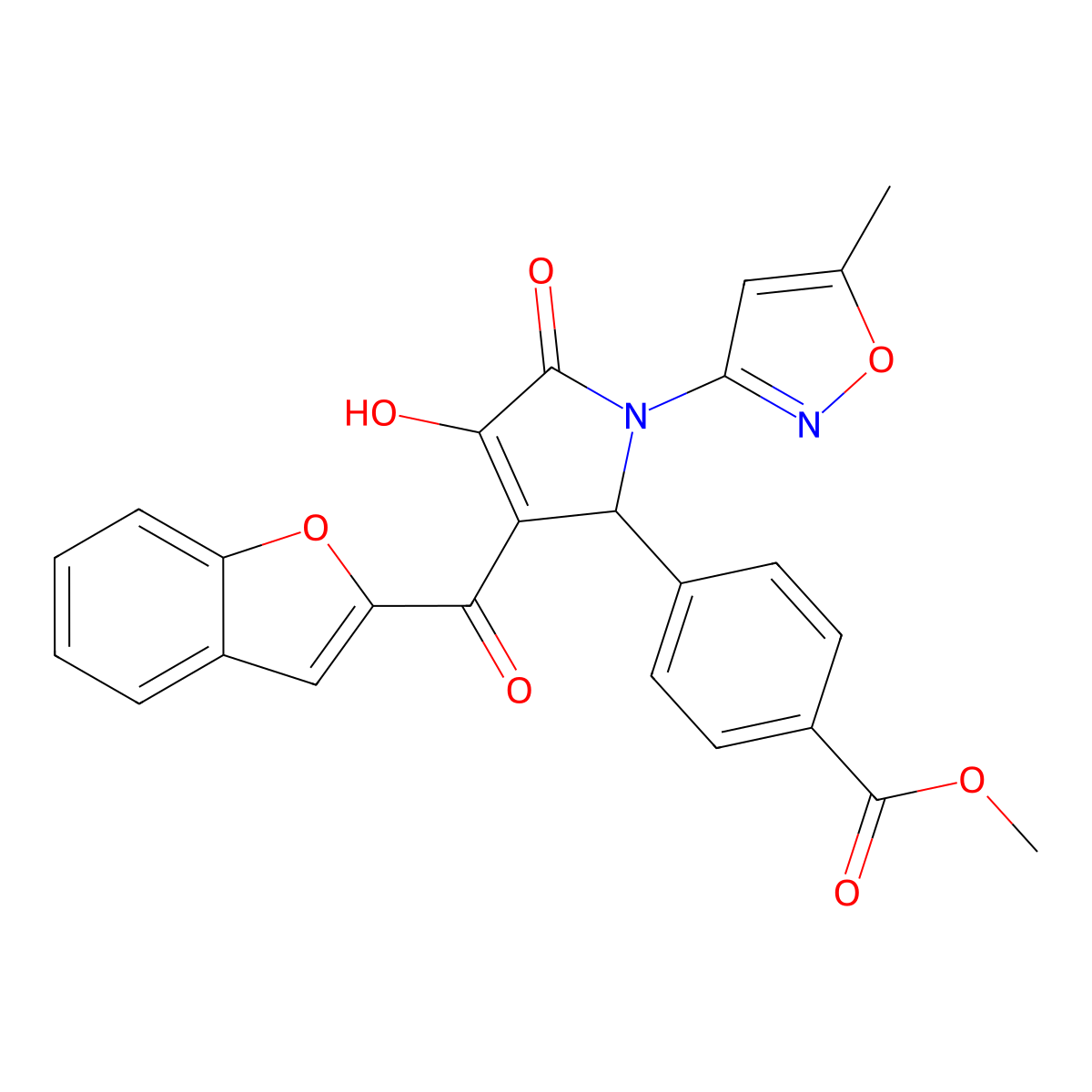 methyl 4-[(3E)-3-[1-benzofuran-2-yl(hydroxy)methylidene]-1-(5-methyl-1,2-oxazol-3-yl)-4,5-dioxopyrrolidin-2-yl]benzoate molecular structure, CAS 618877-32-0