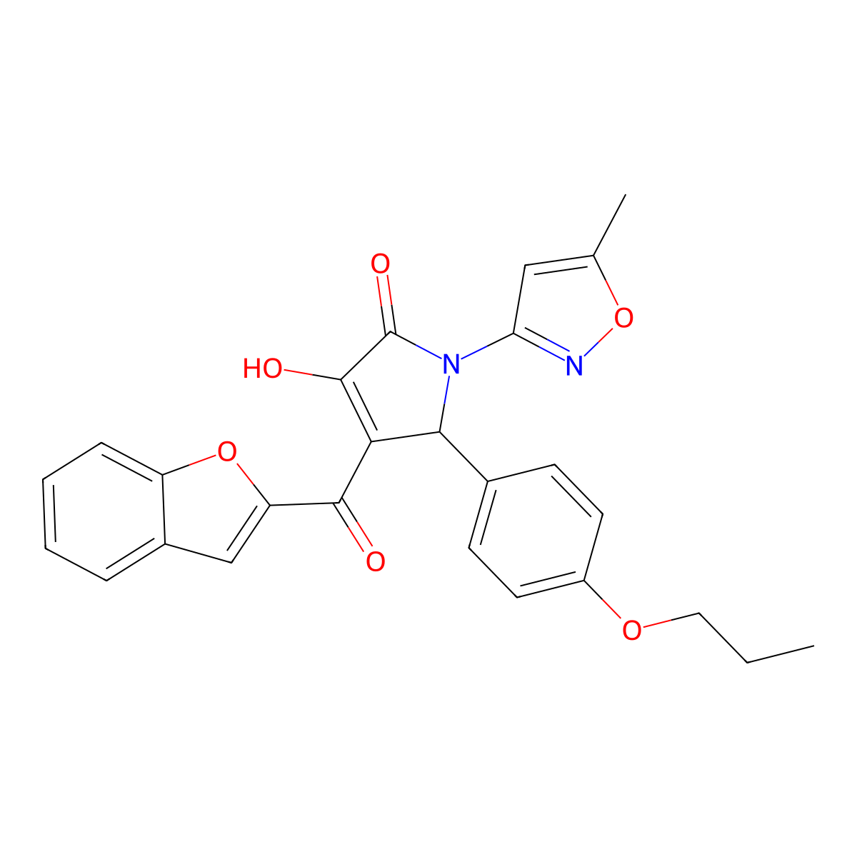 (4E)-4-[1-benzofuran-2-yl(hydroxy)methylidene]-1-(5-methyl-1,2-oxazol-3-yl)-5-(4-propoxyphenyl)pyrrolidine-2,3-dione molecular structure, CAS 618877-38-6