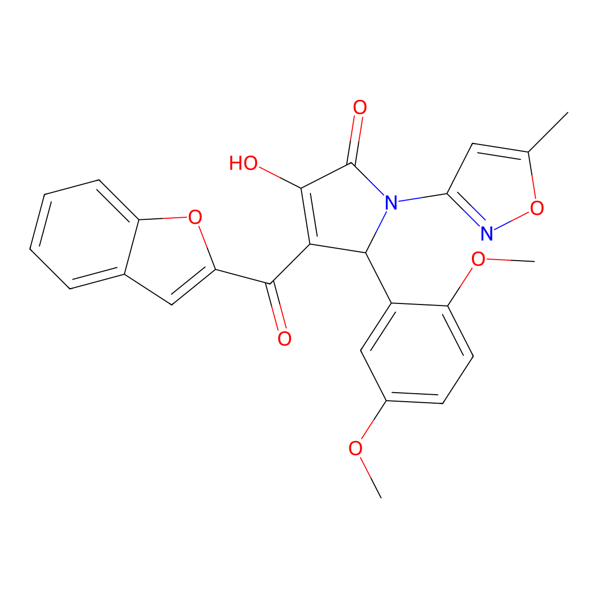 (4E)-4-[1-benzofuran-2-yl(hydroxy)methylidene]-5-(2,5-dimethoxyphenyl)-1-(5-methyl-1,2-oxazol-3-yl)pyrrolidine-2,3-dione molecular structure, CAS 618877-44-4