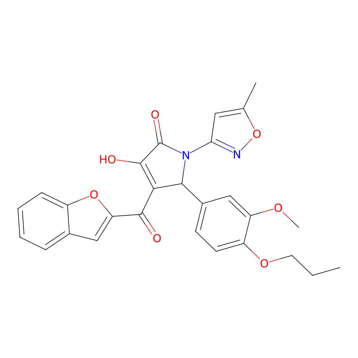 (4E)-4-[1-benzofuran-2-yl(hydroxy)methylidene]-5-(3-methoxy-4-propoxyphenyl)-1-(5-methyl-1,2-oxazol-3-yl)pyrrolidine-2,3-dione molecular structure, CAS 618877-46-6