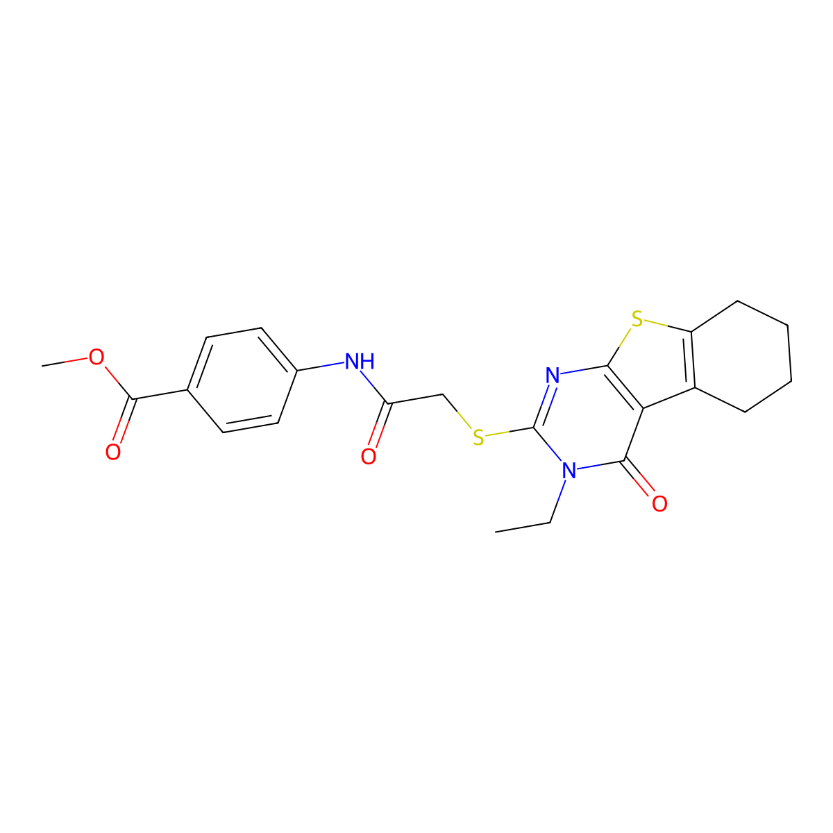 Methyl 4-({[(3-ethyl-4-oxo-3,4,5,6,7,8-hexahydro[1]benzothieno[2,3-D]pyrimidin-2-YL)sulfanyl]acetyl}amino)benzoate molecular structure, CAS 618879-63-3
