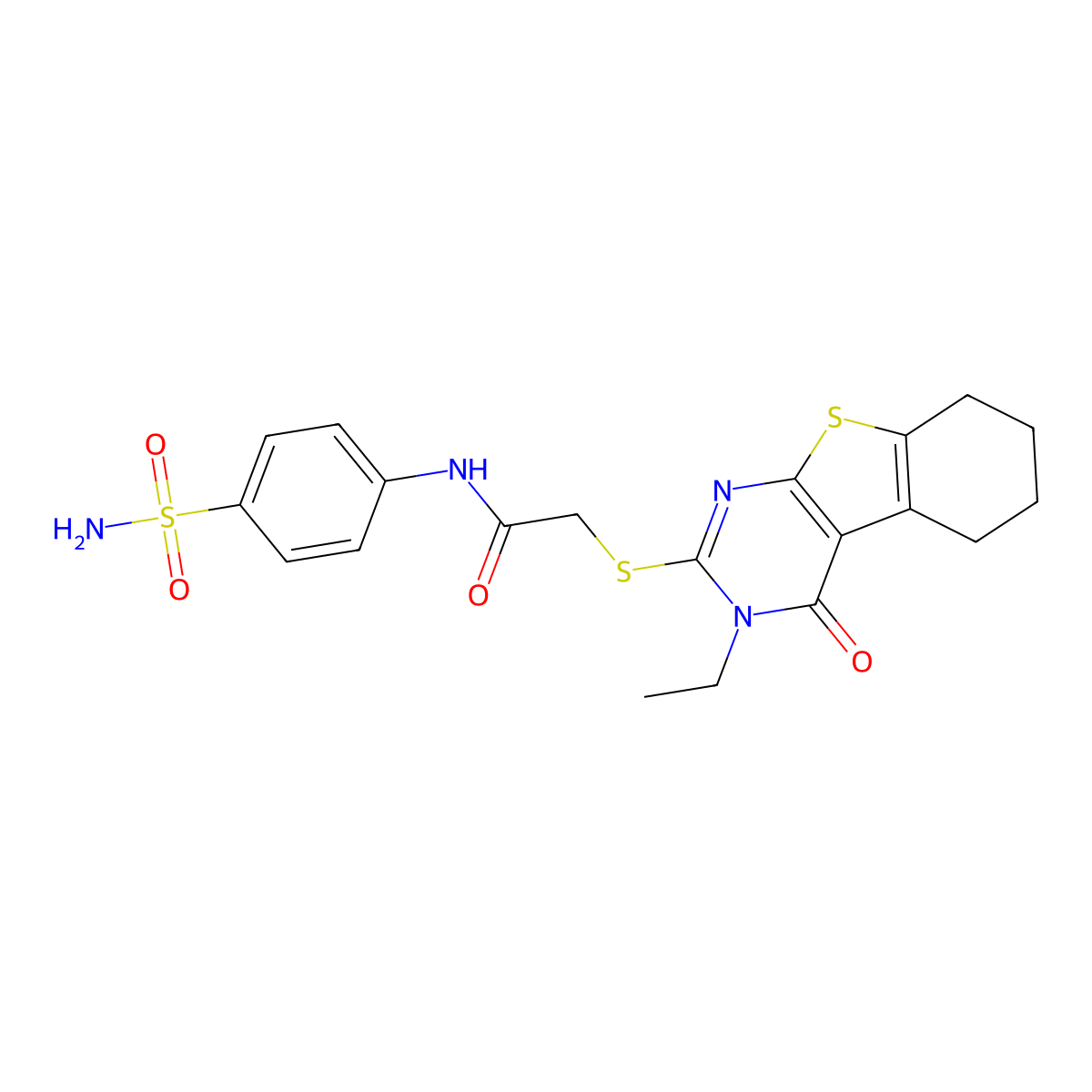 N-[4-(Aminosulfonyl)phenyl]-2-[(3-ethyl-4-oxo-3,4,5,6,7,8-hexahydro[1]benzothieno[2,3-D]pyrimidin-2-YL)sulfanyl]acetamide molecular structure, CAS 618879-64-4