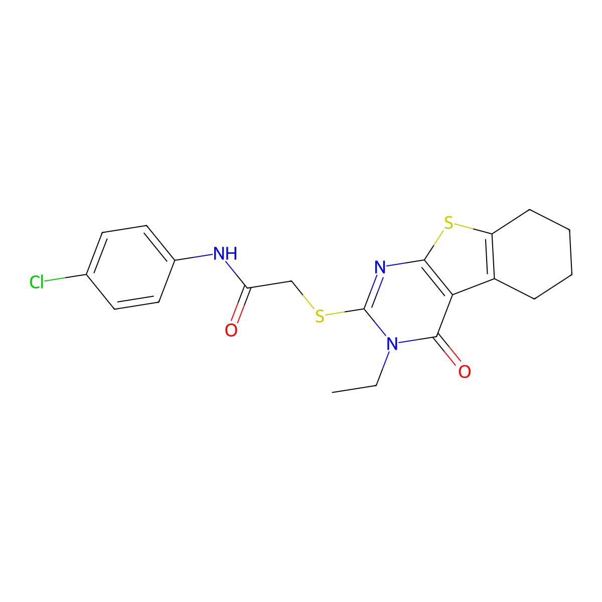 N-(4-Chlorophenyl)-2-((3-ethyl-4-oxo-3,4,5,6,7,8-hexahydro(1)benzothieno(2,3-D)pyrimidin-2-YL)sulfanyl)acetamide molecular structure, CAS 618879-65-5