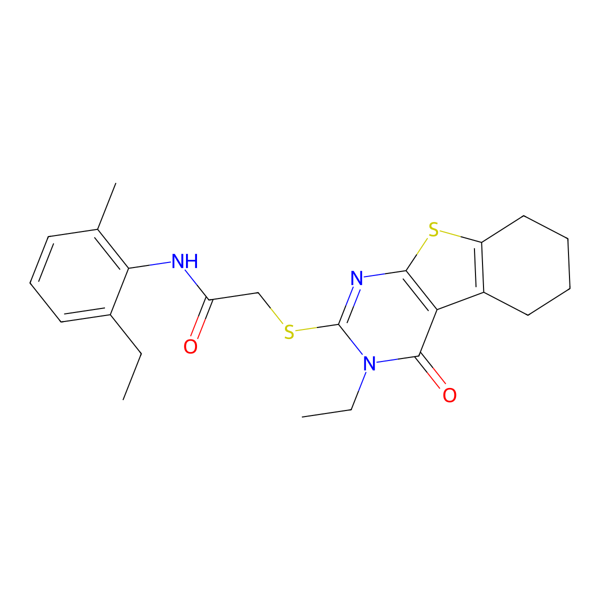 N-(2-Ethyl-6-methylphenyl)-2-((3-ethyl-4-oxo-3,4,5,6,7,8-hexahydro(1)benzothieno(2,3-D)pyrimidin-2-YL)sulfanyl)acetamide molecular structure, CAS 618879-67-7