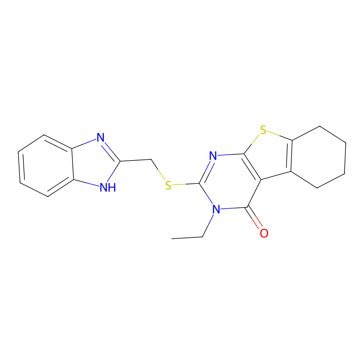 2-((1H-Benzimidazol-2-ylmethyl)sulfanyl)-3-ethyl-5,6,7,8-tetrahydro(1)benzothieno(2,3-D)pyrimidin-4(3H)-one molecular structure, CAS 618879-68-8