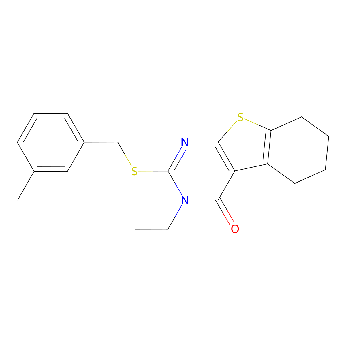 3-Ethyl-2-((3-methylbenzyl)sulfanyl)-5,6,7,8-tetrahydro(1)benzothieno(2,3-D)pyrimidin-4(3H)-one molecular structure, CAS 618879-73-5