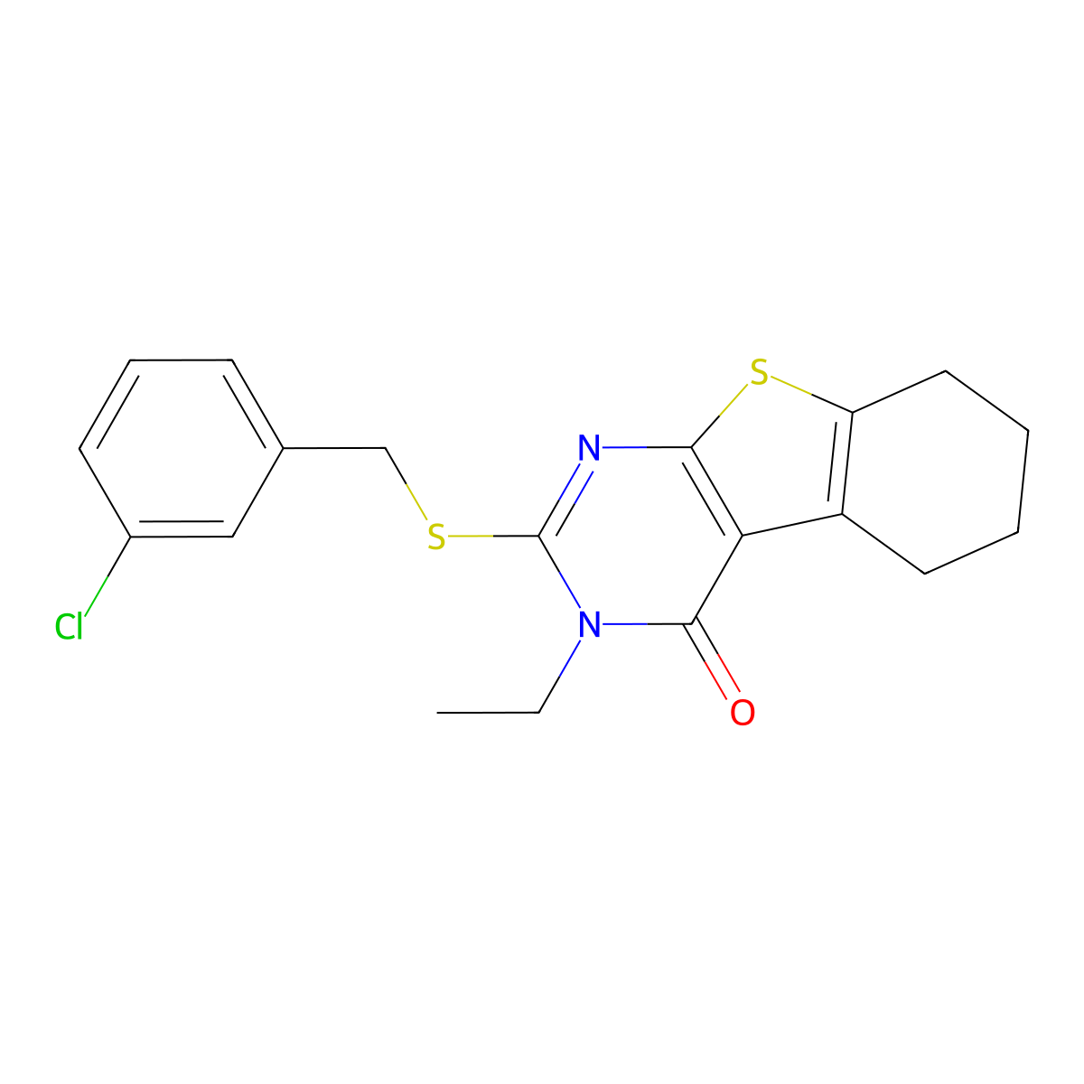 2-((3-Chlorobenzyl)sulfanyl)-3-ethyl-5,6,7,8-tetrahydro(1)benzothieno(2,3-D)pyrimidin-4(3H)-one molecular structure, CAS 618879-74-6