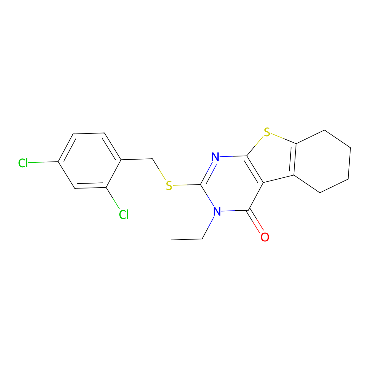 2-((2,4-Dichlorobenzyl)sulfanyl)-3-ethyl-5,6,7,8-tetrahydro(1)benzothieno(2,3-D)pyrimidin-4(3H)-one molecular structure, CAS 618879-78-0