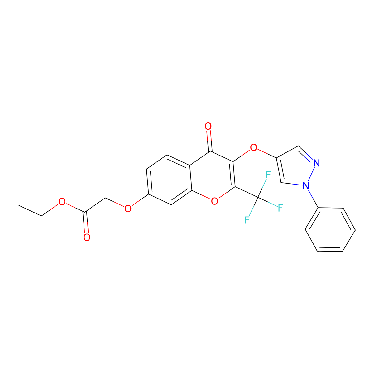 Ethyl ((4-oxo-3-((1-phenyl-1H-pyrazol-4-YL)oxy)-2-(trifluoromethyl)-4H-chromen-7-YL)oxy)acetate molecular structure, CAS 618879-90-6