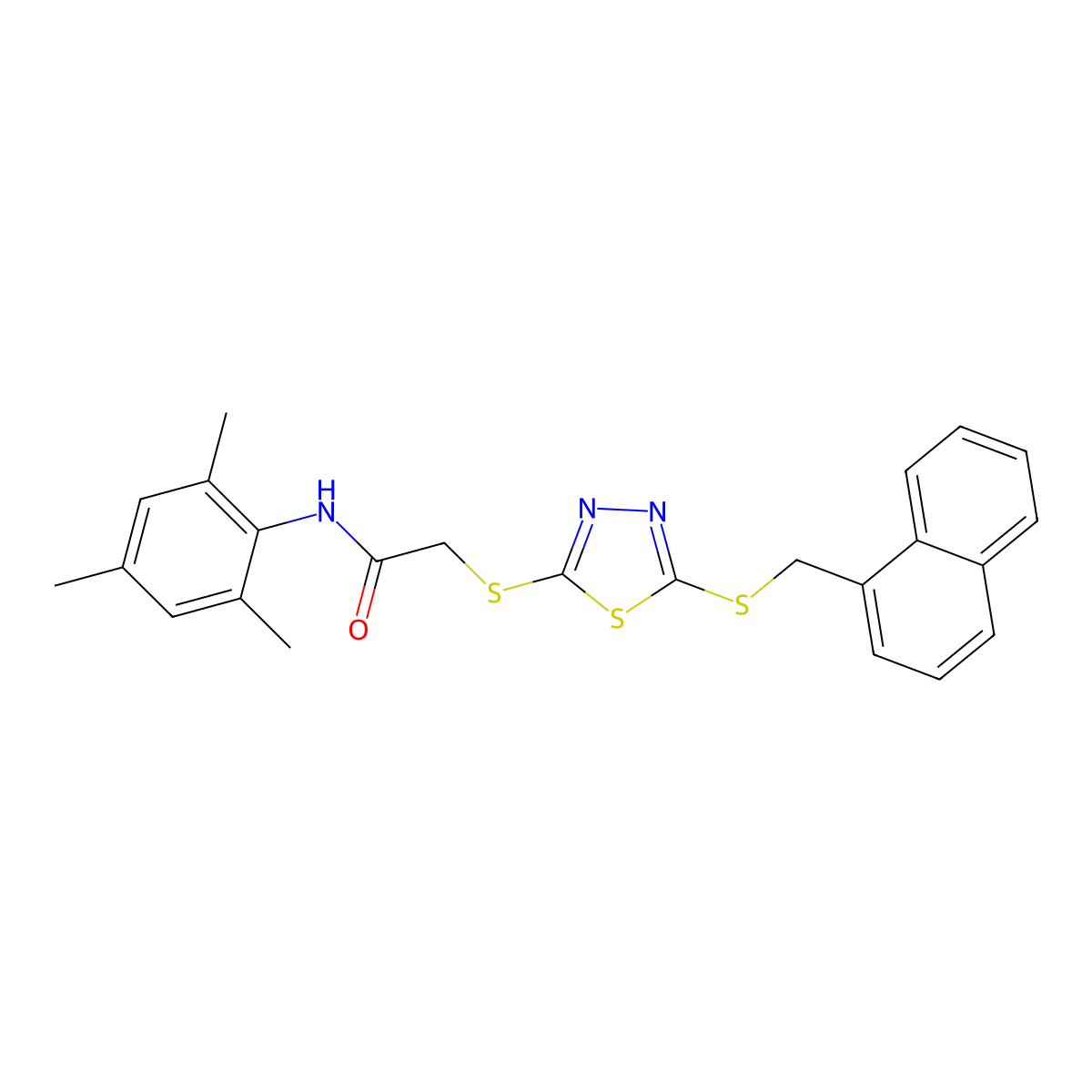 N-Mesityl-2-((5-((1-naphthylmethyl)thio)-1,3,4-thiadiazol-2-YL)thio)acetamide molecular structure, CAS 618880-46-9