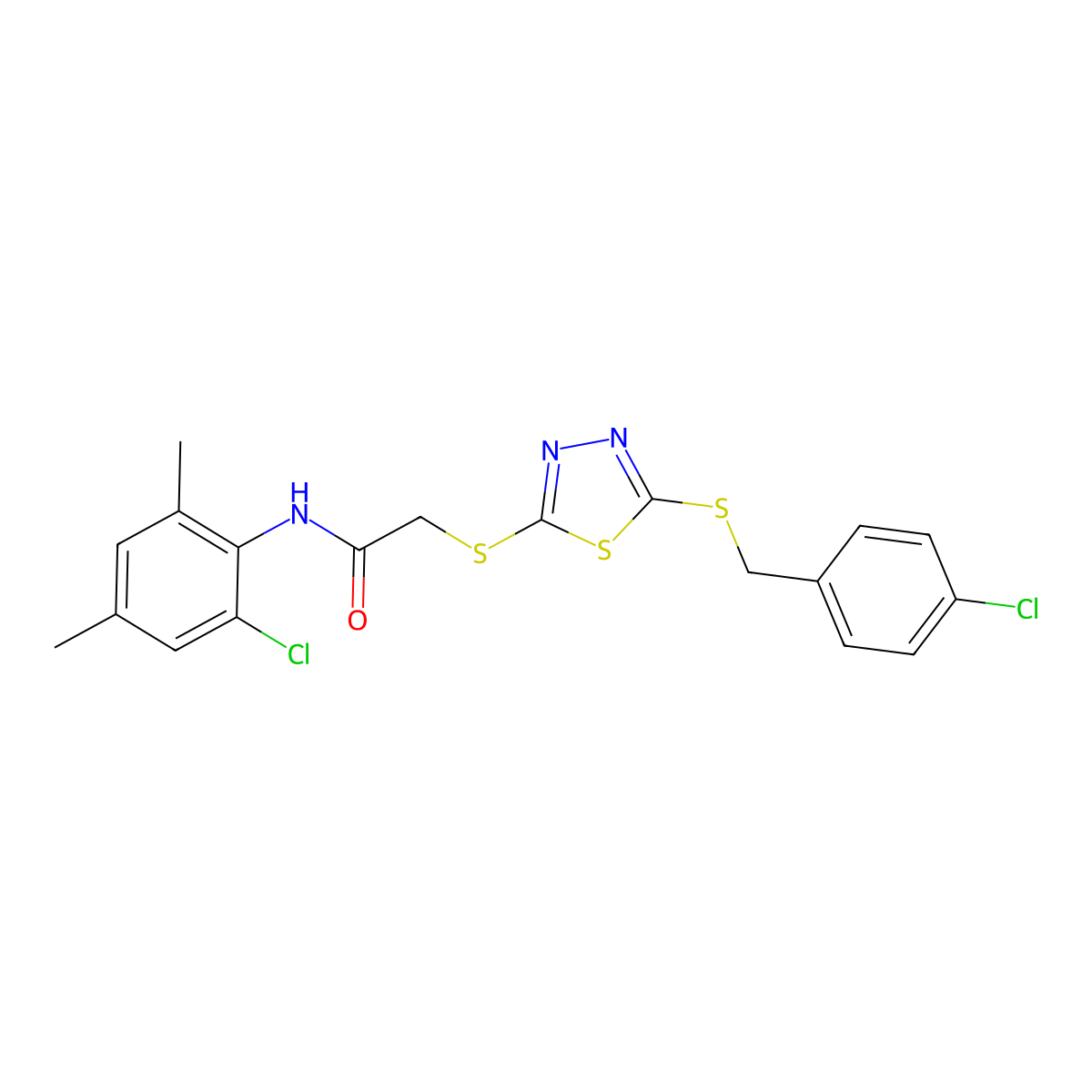 2-((5-((4-Chlorobenzyl)sulfanyl)-1,3,4-thiadiazol-2-YL)sulfanyl)-N-(2-chloro-4,6-dimethylphenyl)acetamide molecular structure, CAS 618880-67-4