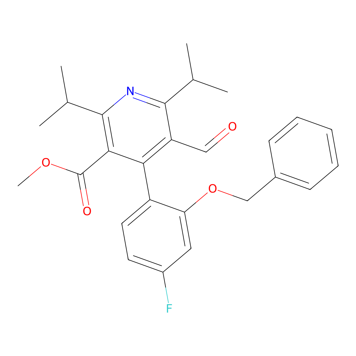 3-Pyridinecarboxylic acid, 4-[4-fluoro-2-(phenylmethoxy)phenyl]-5-formyl-2,6-bis(1-methylethyl)-, methyl ester molecular structure, CAS 618892-25-4