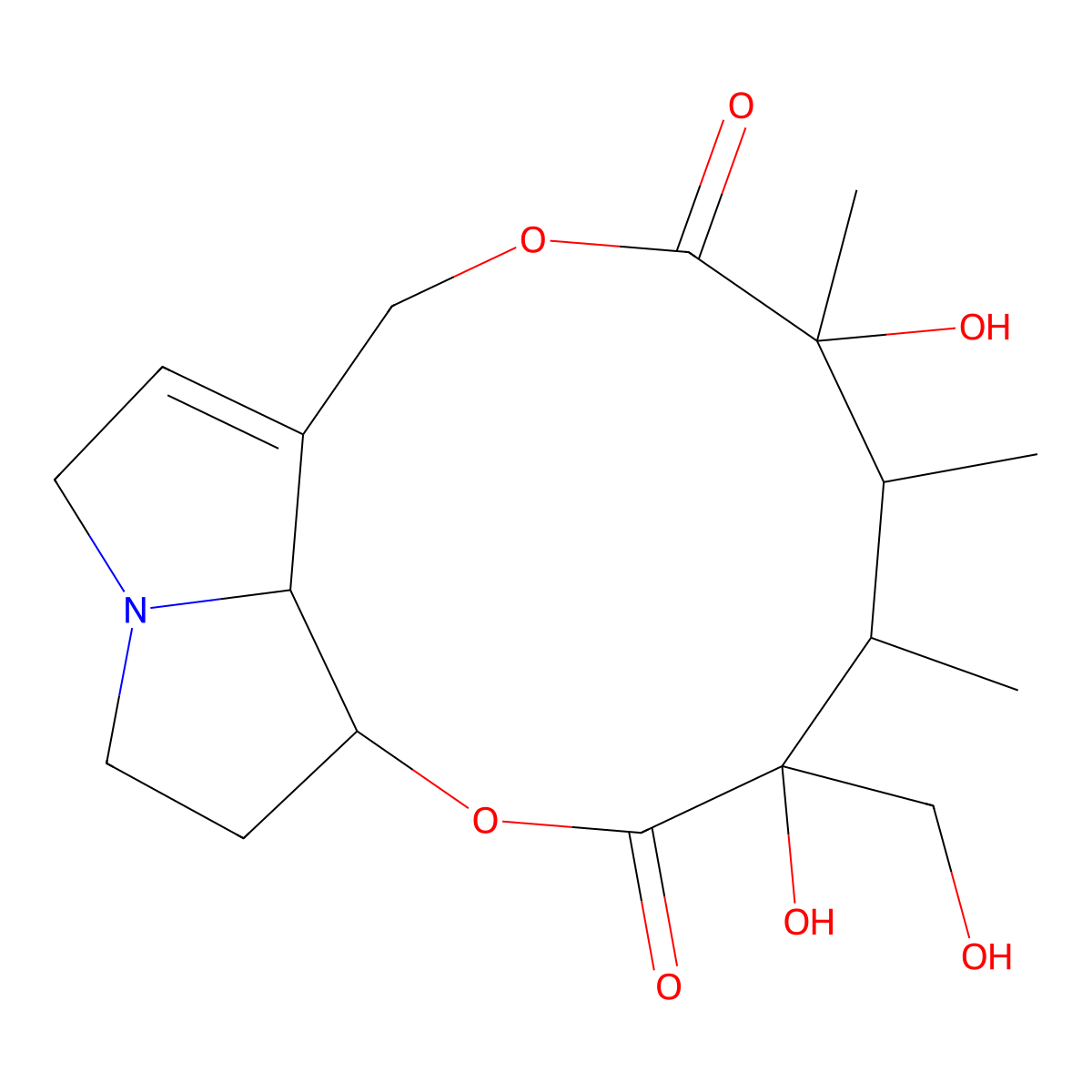 (1R,6S,17R)-4,7-dihydroxy-4-(hydroxymethyl)-5,6,7-trimethyl-2,9-dioxa-14-azatricyclo[9.5.1.014,17]heptadec-11-ene-3,8-dione molecular structure, CAS 6190-25-6
