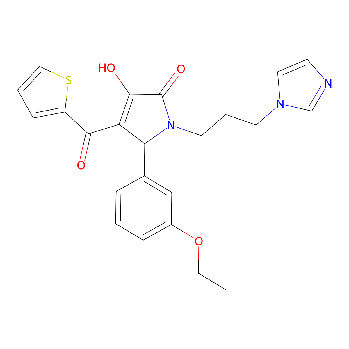 5-(3-ethoxyphenyl)-3-hydroxy-1-[3-(1H-imidazol-1-yl)propyl]-4-(thiophen-2-ylcarbonyl)-1,5-dihydro-2H-pyrrol-2-one molecular structure, CAS 619271-53-3