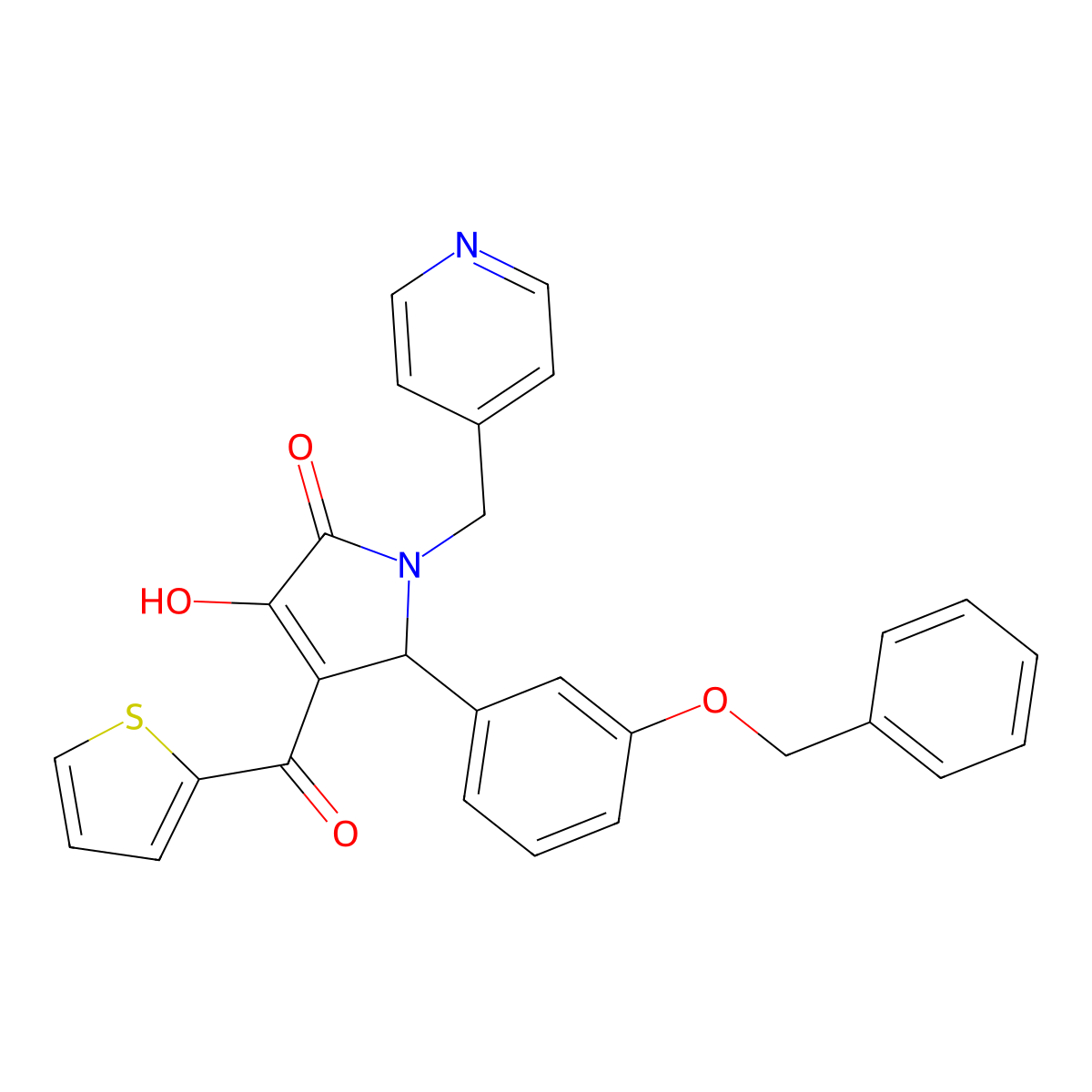 5-[3-(benzyloxy)phenyl]-3-hydroxy-1-(pyridin-4-ylmethyl)-4-(thiophen-2-ylcarbonyl)-1,5-dihydro-2H-pyrrol-2-one molecular structure, CAS 619271-86-2