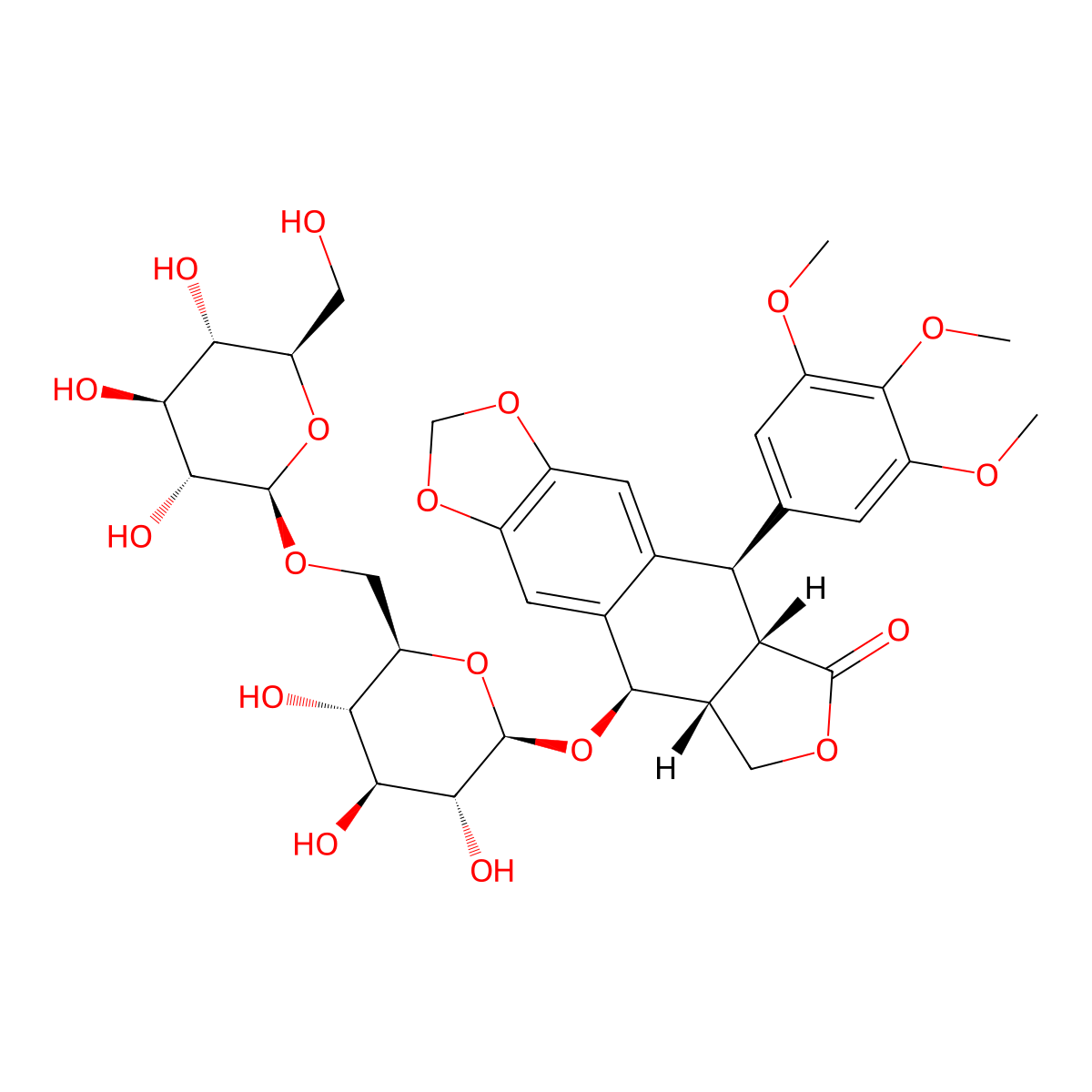Picropodophyllin-4-O-|A-D-glucopyranosyl-(1 inverted exclamation marku6)-|A-D-glucopyranoside molecular structure, CAS 619296-83-2