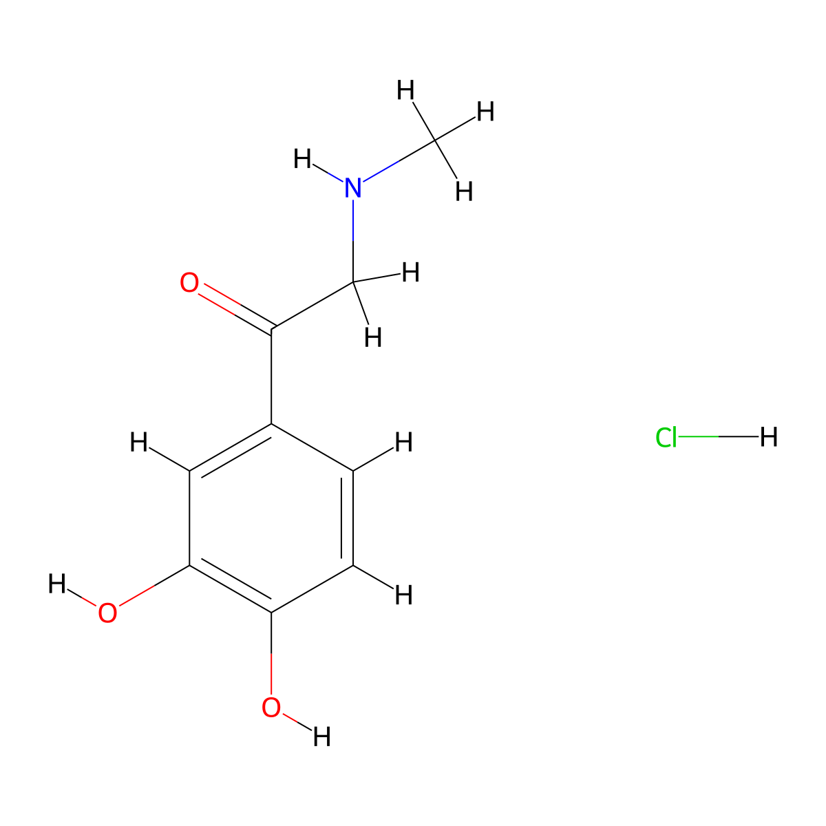 Ethanone, 1-(3,4-dihydroxyphenyl)-2-(methylamino)-, hydrochloride (1:1) molecular structure, CAS 62-13-5