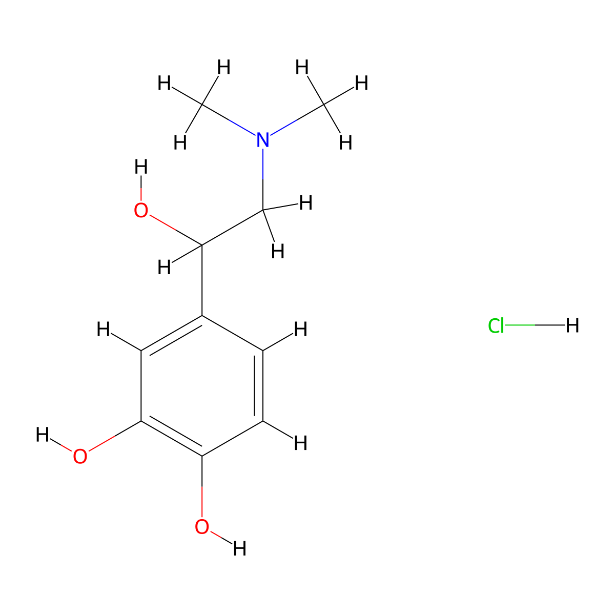 1,2-Benzenediol, 4-(2-(dimethylamino)-1-hydroxyethyl)-, hydrochloride (1:1) molecular structure, CAS 62-22-6