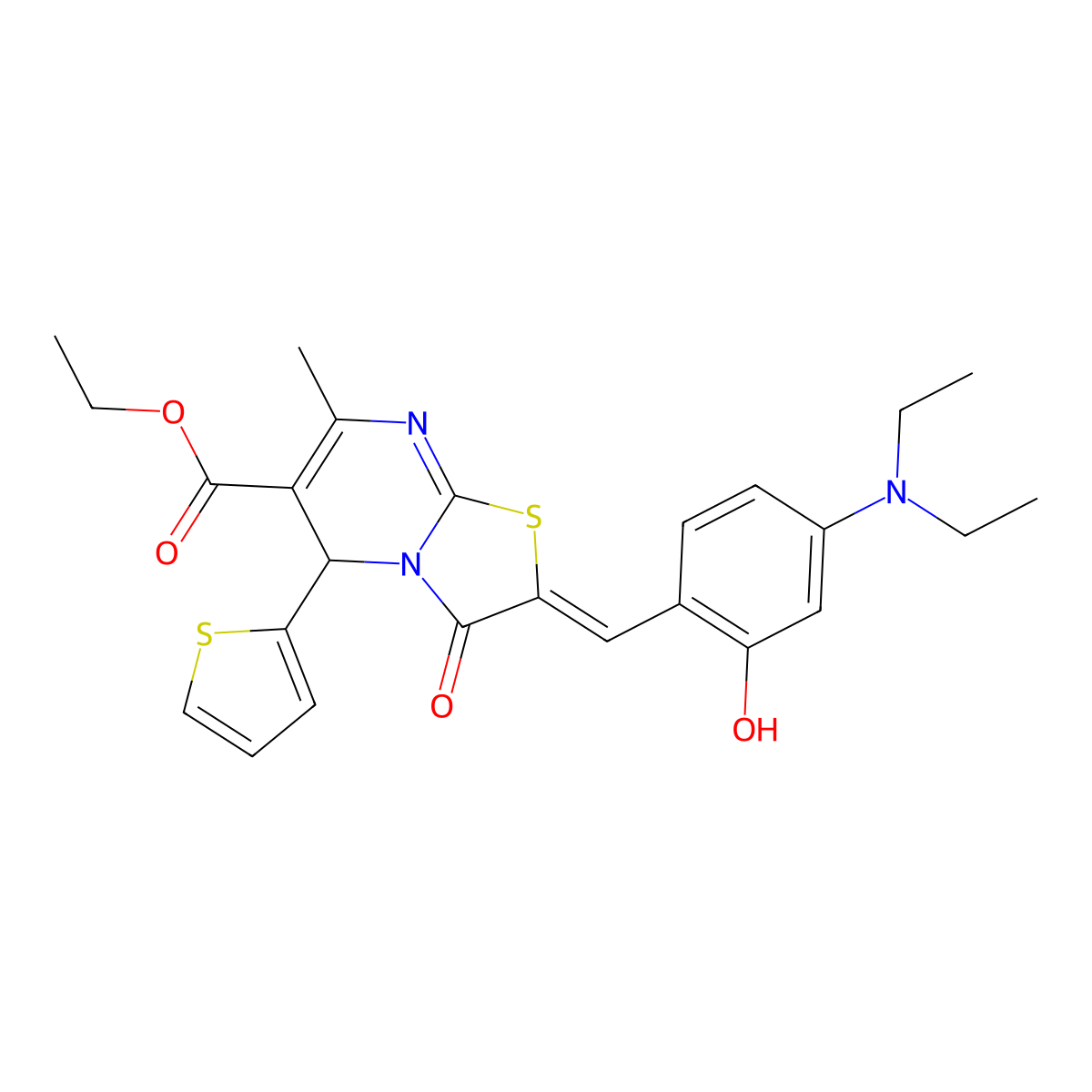 ethyl 2-[[4-(diethylamino)-2-hydroxyphenyl]methylidene]-7-methyl-3-oxo-5-thiophen-2-yl-5H-[1,3]thiazolo[3,2-a]pyrimidine-6-carboxylate molecular structure, CAS 6201-48-5