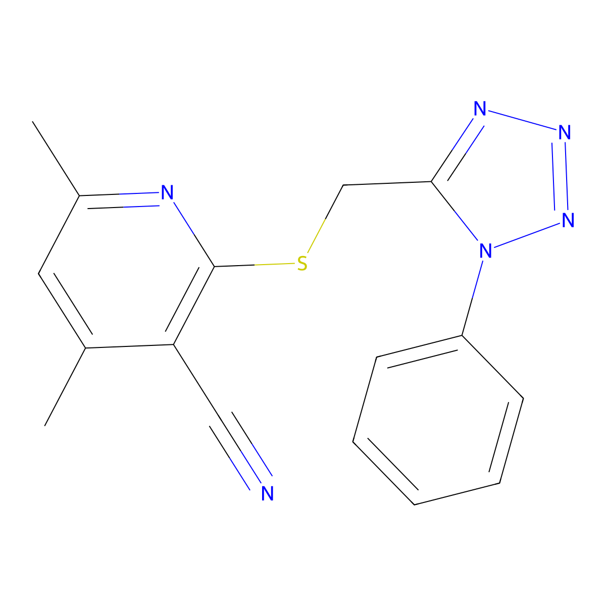 4,6-Dimethyl-2-[(1-phenyltetrazol-5-yl)methylsulfanyl]pyridine-3-carbonitrile molecular structure, CAS 620100-89-2