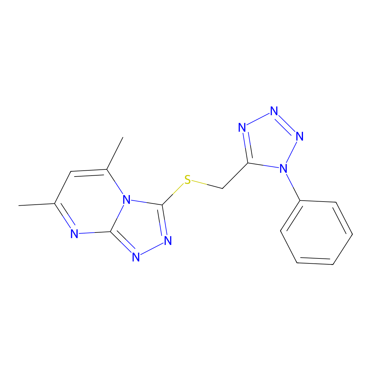 5,7-dimethyl-3-{[(1-phenyl-1H-tetrazol-5-yl)methyl]sulfanyl}[1,2,4]triazolo[4,3-a]pyrimidine molecular structure, CAS 620100-90-5